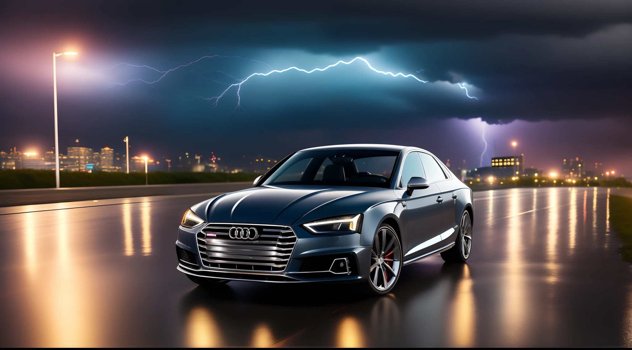 (best quality,4k,8k,highres,masterpiece:1.2),ultra-detailed,realistic,photorealistic:1.37,dark grey Audi S5,overlooking,city skyline,night storm,side of the road,highway,thunderstorms,heavy rain,lit streetlights,moody atmosphere,streaks of lightning,reflection on wet surface,urban backdrop,dramatic clouds,glowing headlights.