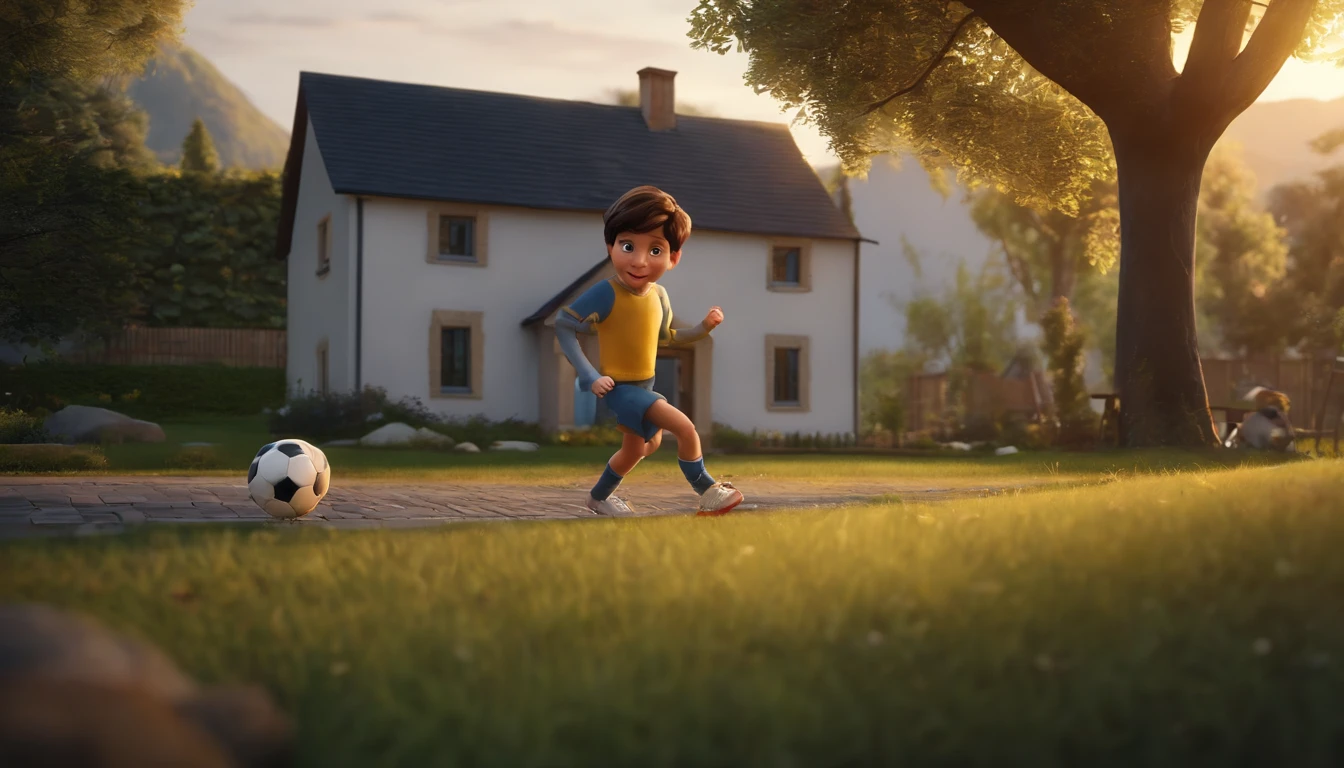 movie picture quality，style of disney animation，A little boy playing soccer on the grass，short detailed hair，Yellow suspenders，Red top，White sneakers，depth of fields，high light，Real light，Ray traching，oc rendered，Hyper-realistic，best qualtiy，8K，Works of masters，super-fine，Detailed pubic hair，Correct anatomy，sharp focus on eyes，Bokeh，Facial features are carefully depicted