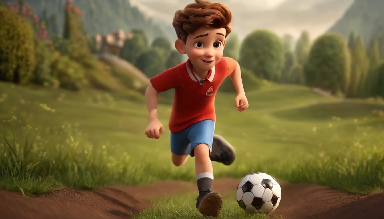 movie picture quality，style of disney animation，A little boy playing soccer on the grass，short detailed hair，Yellow suspenders，Red top，White sneakers，depth of fields，high light，Real light，Ray traching，oc rendered，Hyper-realistic，best qualtiy，8K，Works of masters，super-fine，Detailed pubic hair，Correct anatomy，sharp focus on eyes，Bokeh，Facial features are carefully depicted