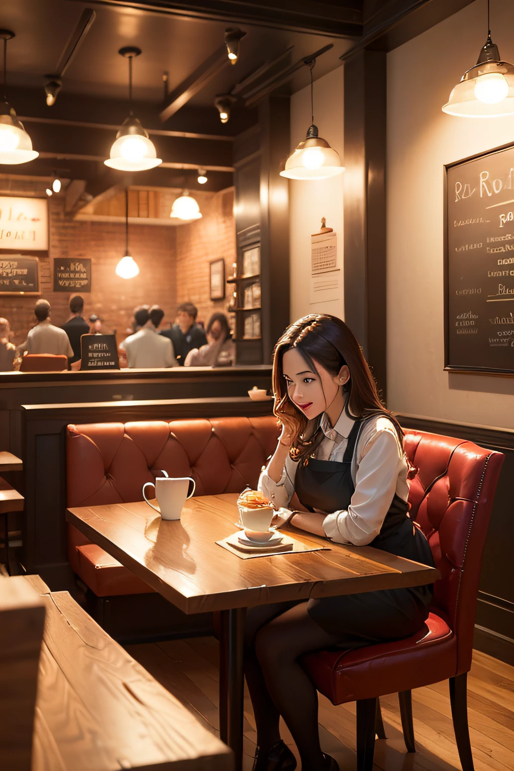 (a rectangular image) Colorful, vibrant café scene with people enjoying their meals, immersive atmosphere, lively conversations, and mouthwatering dishes. (warm colors, inviting ambiance, cozy lighting) High-quality rendering (best quality, 4k resolution, HDR) with ultra-detailed portrayal of patrons, their expressions, and interactions. (realistic, photorealistic depiction:1.37) Indulge in the bustling café ambiance filled with the aroma of freshly brewed coffee, clinking of cutlery, and cheerful chatter. (rich textures, detailed interior design, realistic food presentation) Expertly crafted illustrations capture the essence of this café experience. Step into this bustling coffeehouse that serves as a sanctuary for relaxation, connection, and culinary delights.