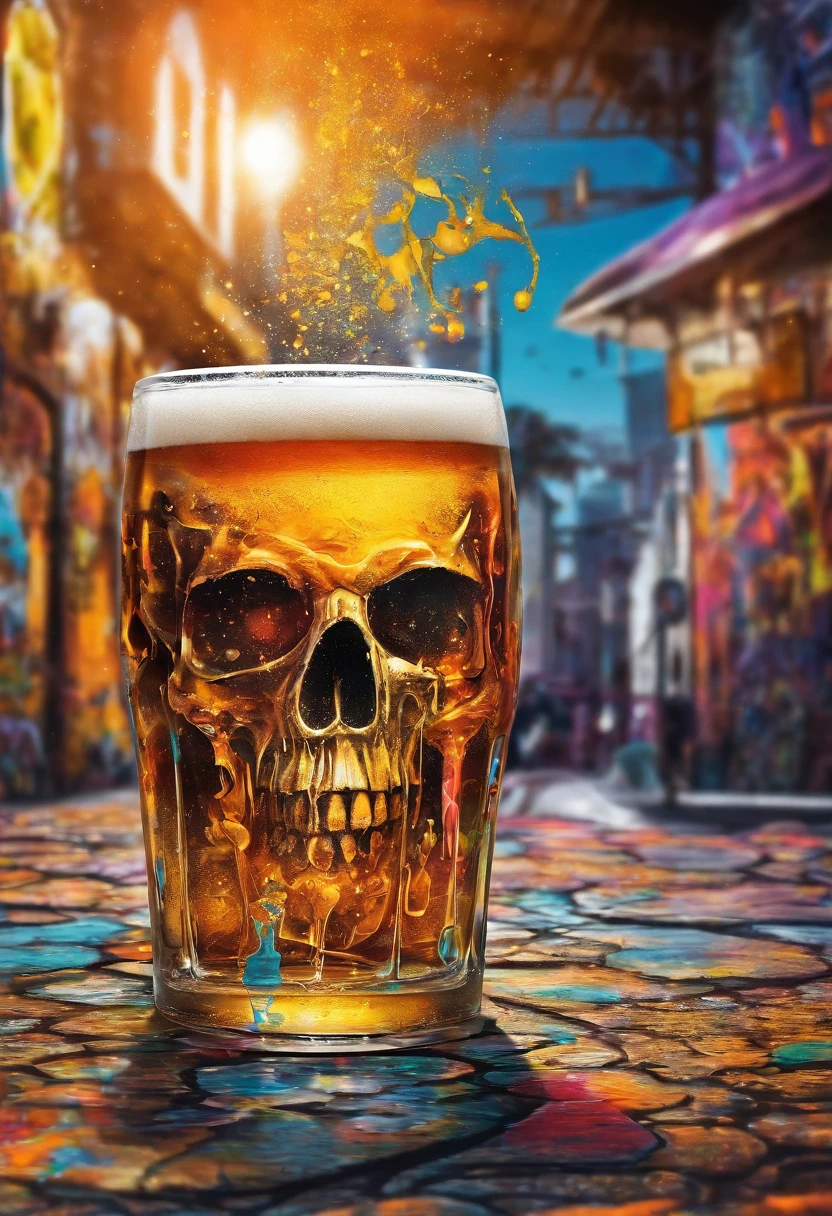 Beer in a glass in the shape of a skull, A puddle of beer on the table, photo realism, restaurant, portraite of a, bokeh