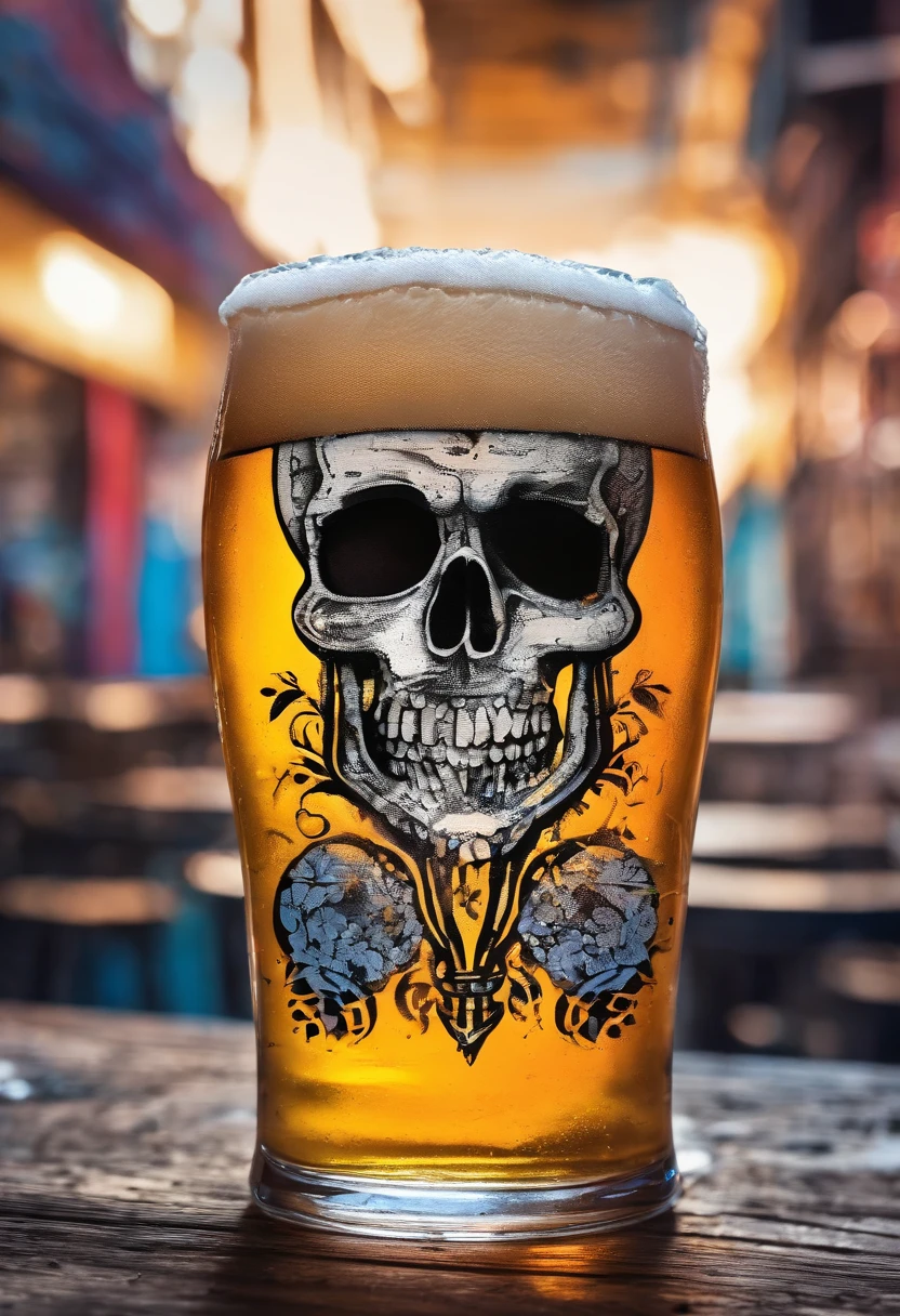Beer in a glass in the shape of a skull, A puddle of beer on the table, photo realism, restaurant, portraite of a, bokeh