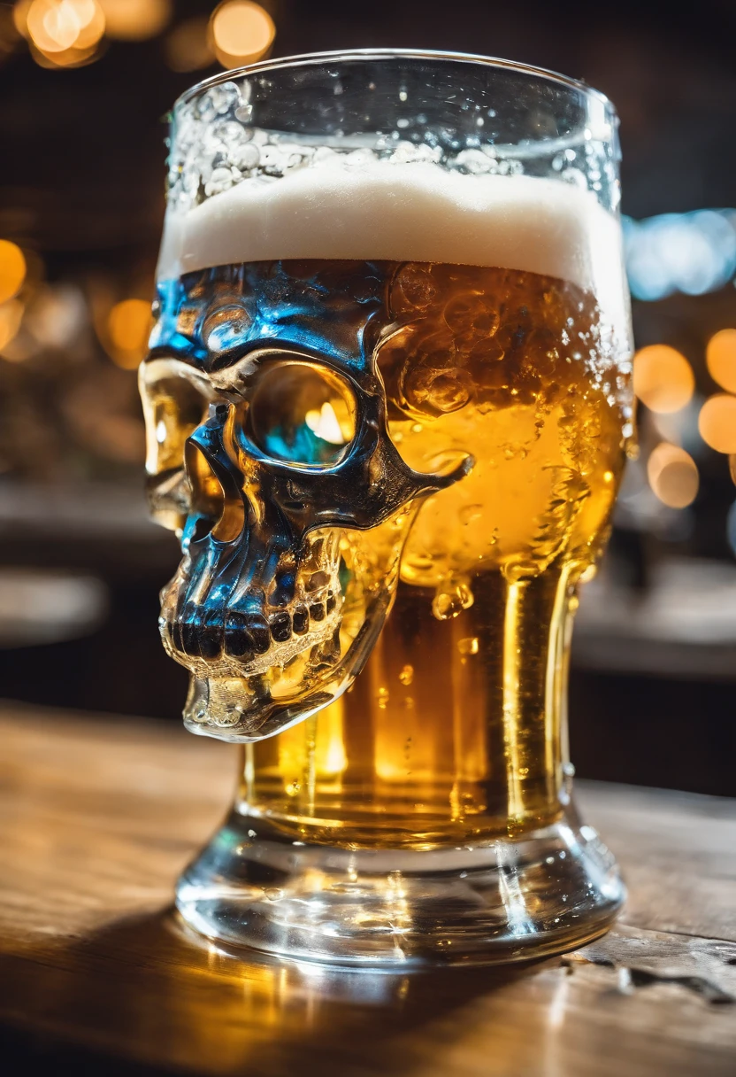 Beer in a glass in the shape of a skull, A puddle of beer on the table, photo realism, restaurant, portraite of a, bokeh