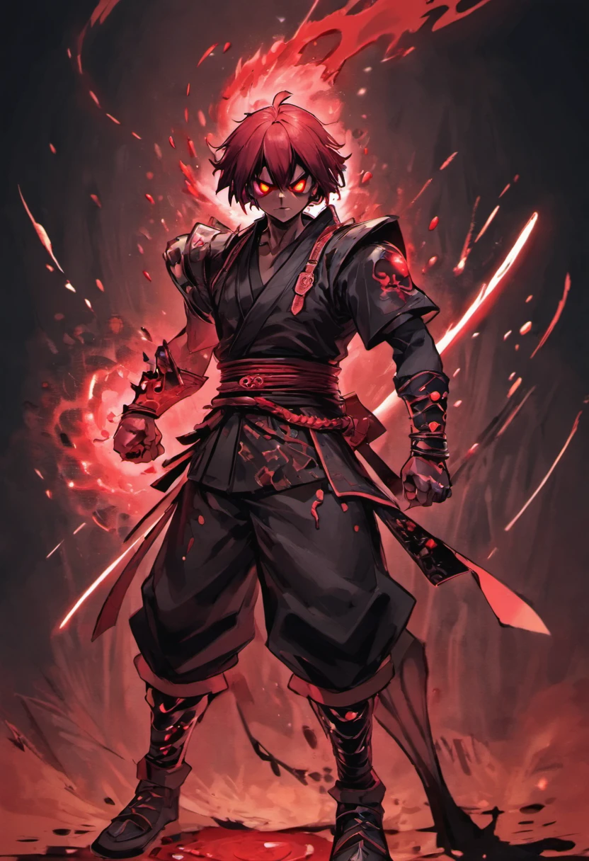 (Masterpiece, Best Quality, Best Quality),One boy, Full Body, Dark Fantasy, blood samurai, glowing red eyes