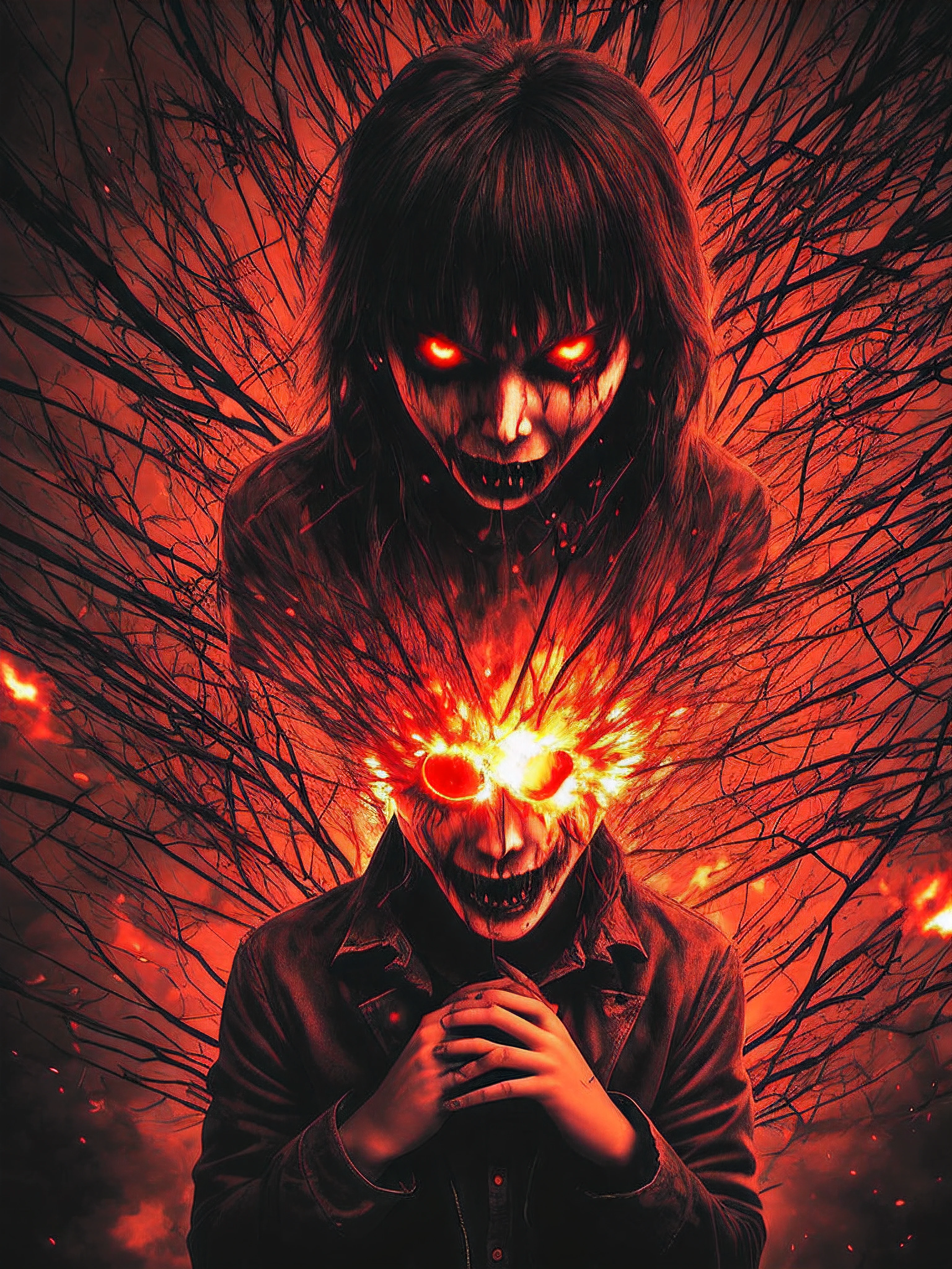 horror inside eyes, madness atmosphere, explosion inside