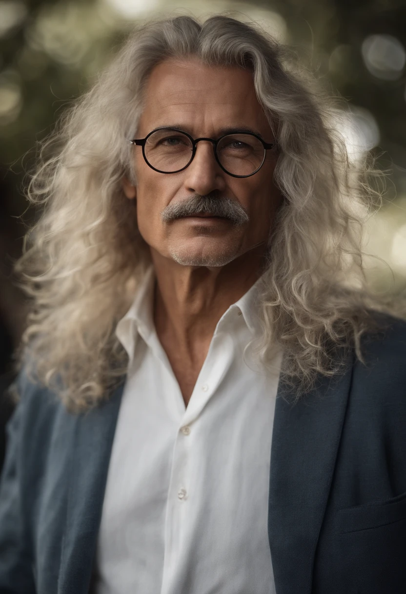 man with long hair, his hair is white, his hair is disheveled and a bit messy, this man wears glasses with a round frame, he appears to be 55 years old, he has fair skin, blue eyes and an expression captivating. he is wearing a white shirt. his face resembles albert einstein's face, 4k.