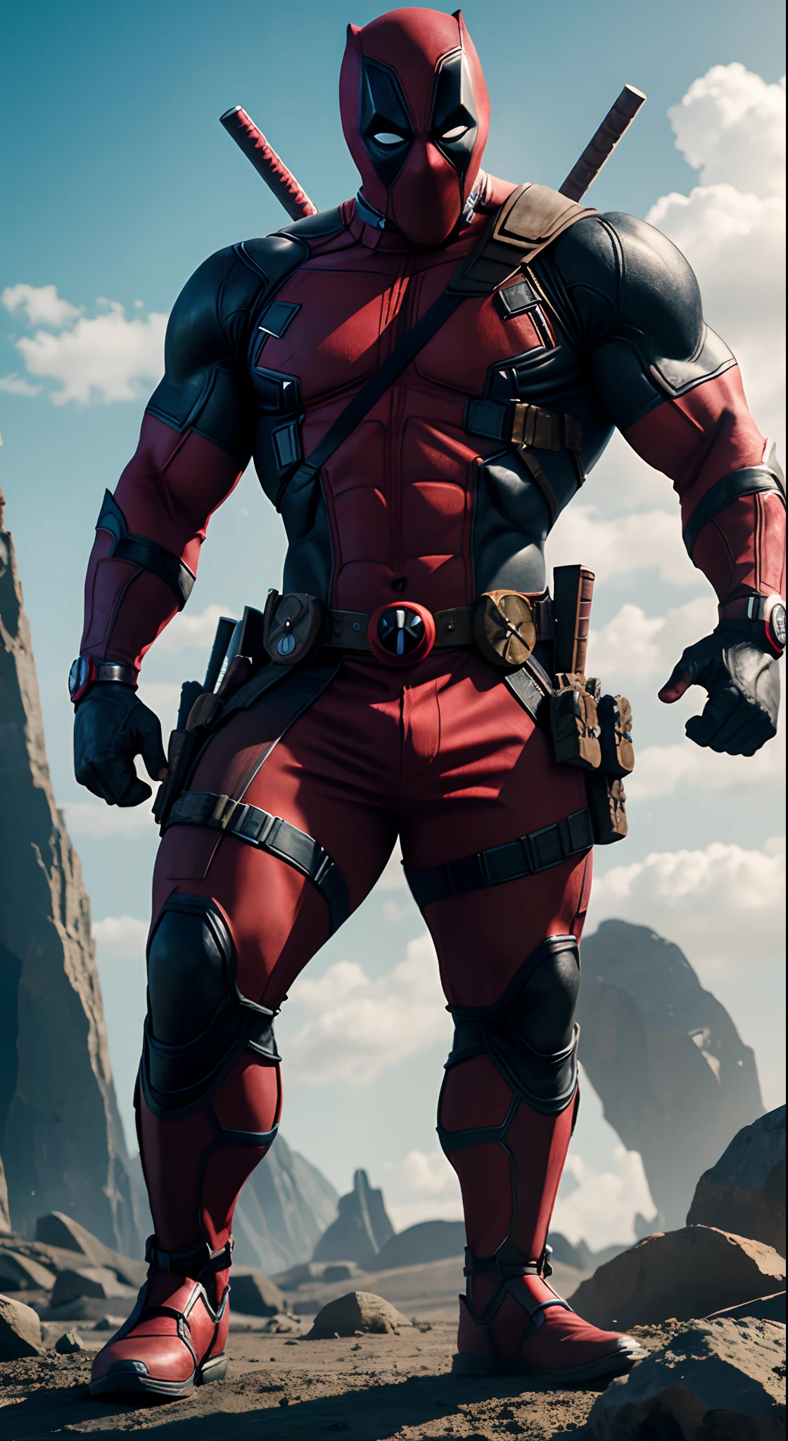deadpool marvel ,Bodybuilder, super strong, muscular, ABS, in background asgard, 35mm lens, photography, ultra details, HDR, UHD,8K
