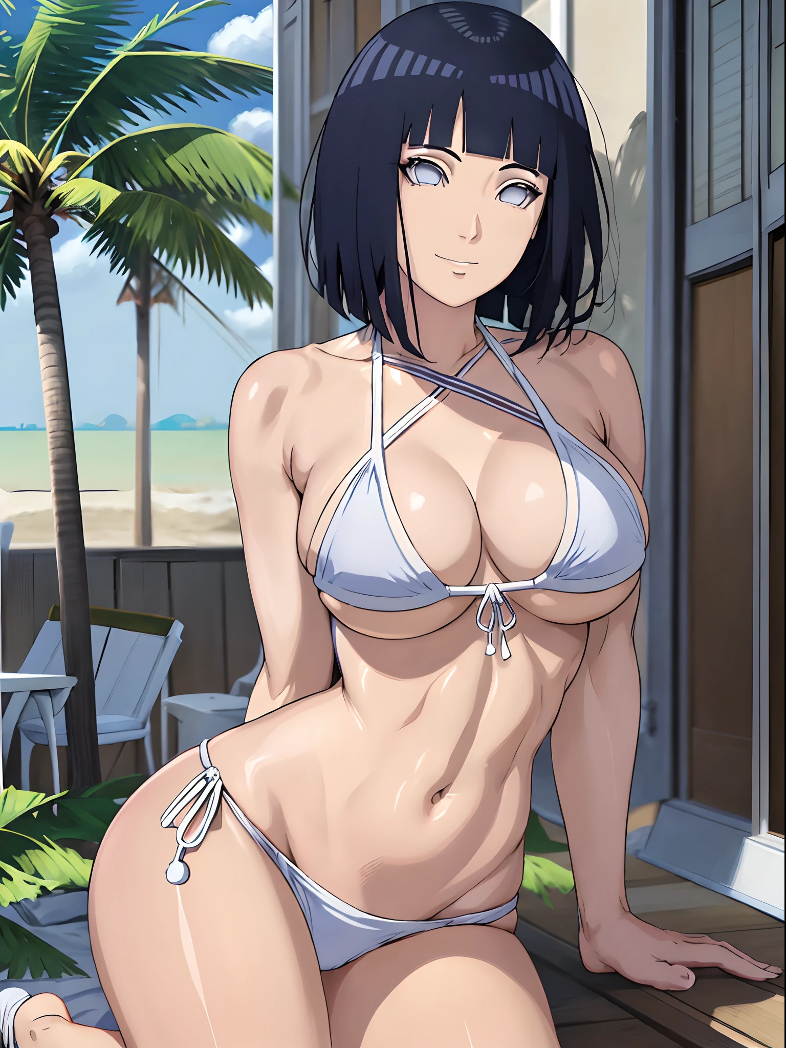 (WALLPAPER, (hinata\(boruto\), (((white string bikini))), masterpiece, 4k, vector coloring, whole body shot, (high color saturation), contrast lighting, mature female, (curvy:0.8), solo, anime style, sharp focus, professional artwork, intricate details, colorful, vibrant colors, vivid colors, digital blending, ultra detailed body, ultra detail hair, ultra detail face, trending on pixiv, very hot colors, (((beach background, outdoors))), detailed bold arm lines, high color saturation, bold lines, bold drawing lines),
(Seductive pose)), (head tilt), closed mouth, kind smile, gentle look),
((dark blue hair color:1.1), wavy hair, ((short hair, hime cut)),
(perfect eyes, white sciera, bright eyes, white eyes, anime eyes, smoky eyeliner, eyeshadow)
(white skin, (fair skin), slender body, milf, perfect face),
(legs, big breasts, off-shoulders, (detailed shoulders, detailed arm lines, little biceps lines)),
(bare shoulders, bare legs)),