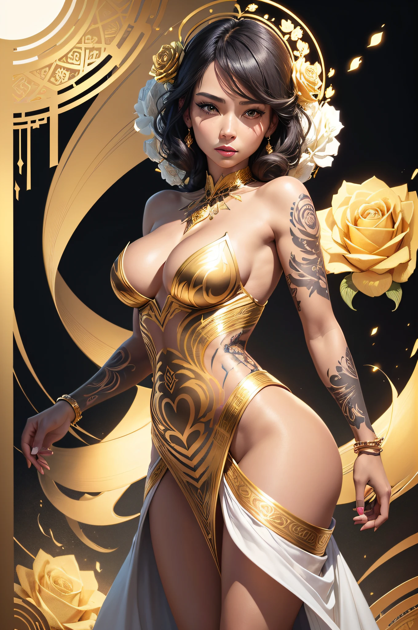 Strikingly Beautiful Woman on a sticker, straight neck, wearing a white and gold long flowing swirling gaussian dress, gold rose back tattoos, full portrait shot, looking straight at camera, facing camera, halo of gold and white roses floating above head, long shot, sticker, poster art, gold and white ink, ink drawing, blue ink, 8k resolution, photorealistic, hyperdetailed, gold-black background gold rose tattoos on arms and shoulders, clean line art, fine dark line