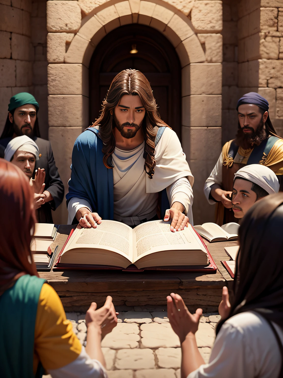 Jesus teaching the Word of God to the crowd near Him in Jerusalem , Como pano de fundo, ambiente claro e plano com poucas pessoas