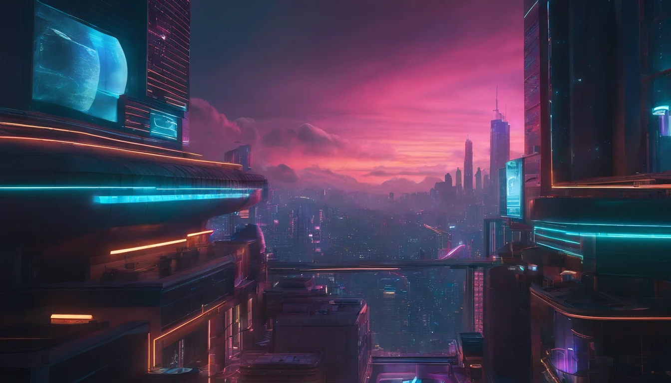 (obra prima) cidade no estilo cyberpunk, illuminated sky, neon light, imagem vista do zero, paisagem ampla, cidade futurista