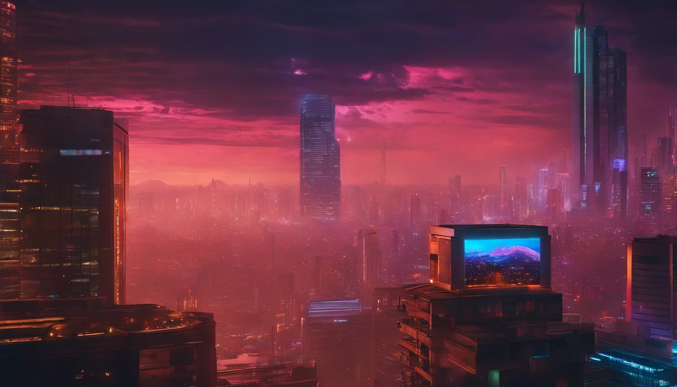 (obra prima) cidade no estilo cyberpunk, illuminated sky, neon light, imagem vista do zero, paisagem ampla, cidade futurista