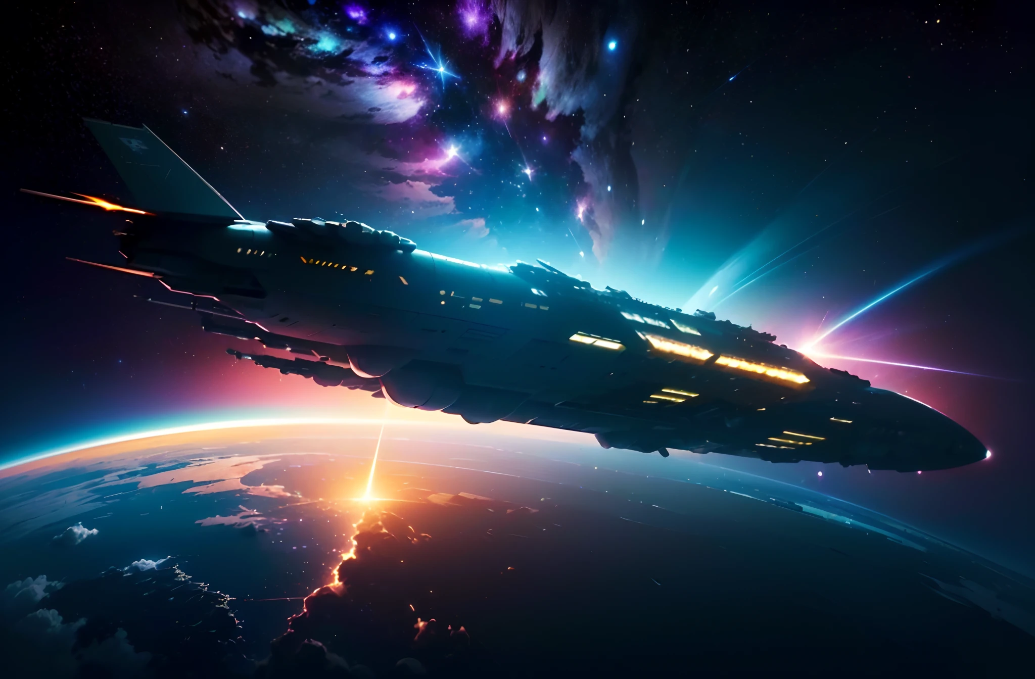 (Space art),(high perspective:1.2),(Aircraft carrier side rear view:1.2),In the vastness of space,Large aircraft carriers sail forward,Below the spacecraft is space,Surrounded by stars,(Ahead is a glowing interstellar wormhole:1.3),The ship is about to enter a wormhole,cyber punk perssonage,dreamy glow,luminous neon lights,(globalillumination,Ray traching,hdr,The rendering is not realistic,Rational design,high detal,tmasterpiece:1.2,best qualtiy:1.2,hyper HD,cinmatic lighting)
