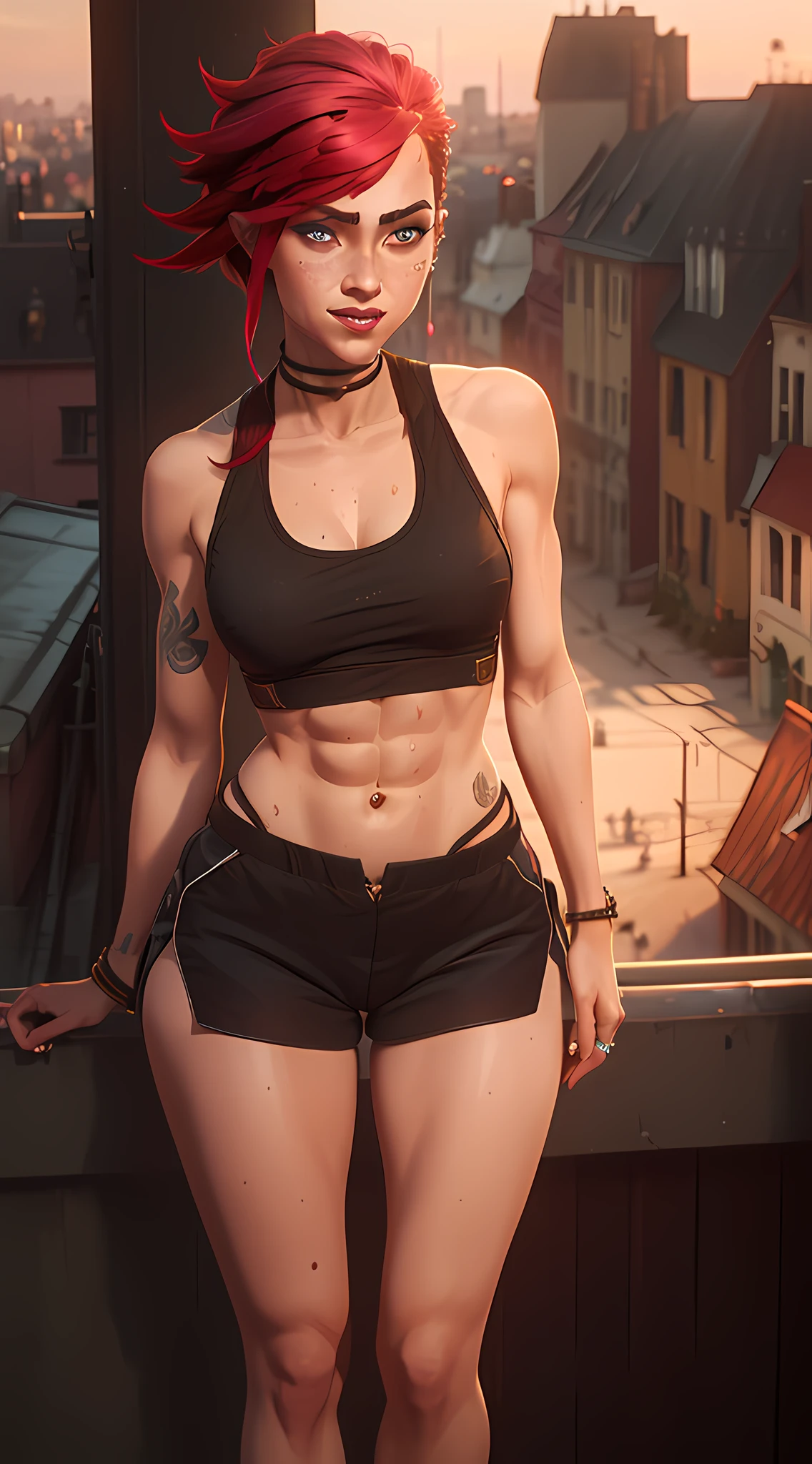 (butt), (sexy girl), masterpiece:1.5, best quality, full body, 1girl, bangs, blush, breasts, collarbones, ear piercings, eyebrows visible through hair, (gradient red hair), jewelry, long hair, looking at the viewer, piercings, (half-naked), (red underwear), short string tank top, (panties), bright eyes, ring, (solo), illustration, fashionable, woman, posing, detailed background, sexy expression, attention-grabbing scene, focus, dynamic pose, thick thighs, abs, sweaty abs, sexy thighs, thin waist, sexy grin, sexy glare, cinematic lighting, city scape, city background, outside, outdoors, rooftop:1.5,
