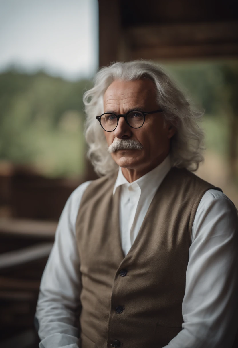 man with long hair, his hair is white, his hair is disheveled and a bit messy, this man wears glasses with a round frame, he appears to be 55 years old, he has fair skin, blue eyes and an expression captivating. he is wearing a white shirt. his face resembles albert einstein's face, 4k.