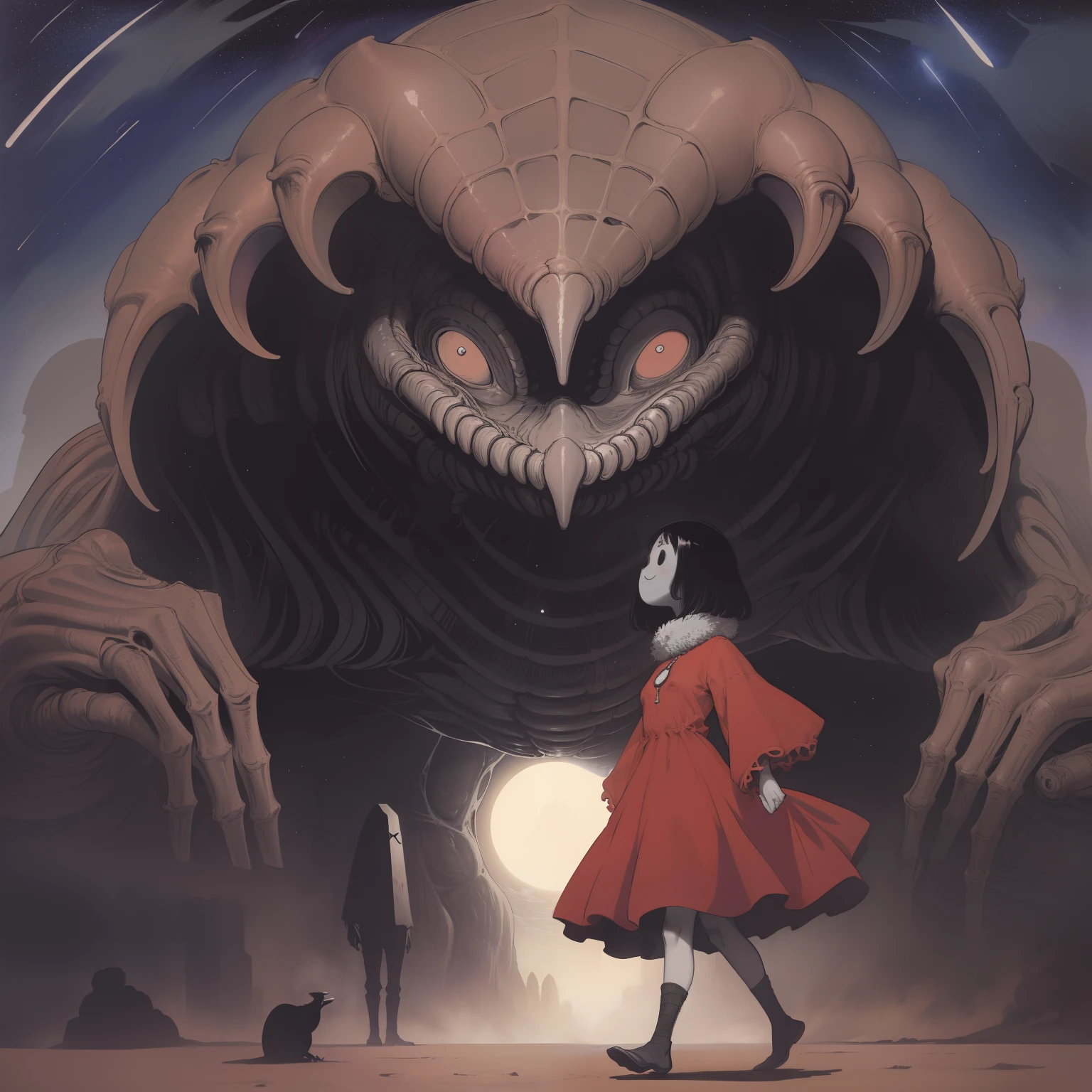 (superflat, flat shading, flat colors:1.1), 1girl, teen, red dress, no face, walk in a desert, closeup, anime, monster creatures, zdzislaw beksinski, hr giger, jacek yerka, starry skies, tribal,