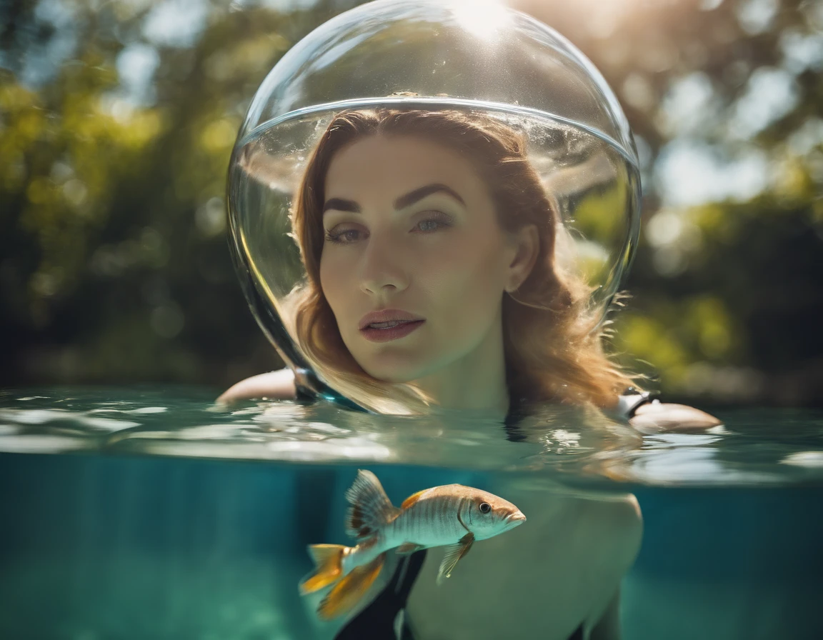 (Adult woman:1.6), (swimming a round aquarium on his head full of water and different fish:1.3) (polyvinyl Jacket With Rivets:1.3), best quality, sunlight, detailed face, gorgeous eyes, realistic skin details, high quality, seen from below, , high quality, film grain, Cinematic Light, sidelighting, sharp focus