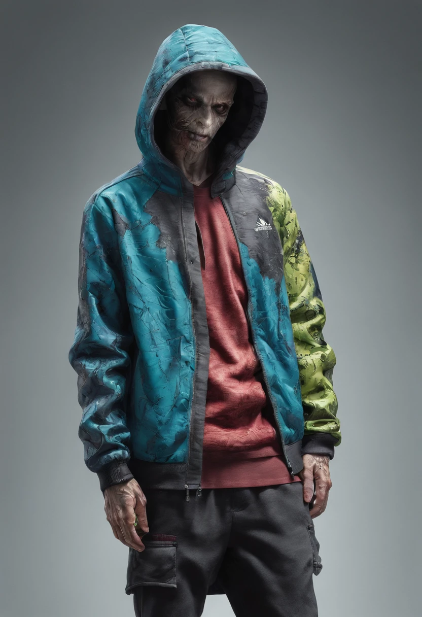 Create an ultra-wide photo of a decrepit zombie wearing an Adidas coat and hoodie, against an abstract background. The overall style of the image should be minimalist with an Artgem touch. The zombie should be rendered in a decrepit, cadaverous style, with a focus on creating a sense of horror and decay. The Adidas jacket and hood should be rendered in high detail, with a focus on capturing the texture and style of the clothing. The background of the image should have an abstract design, with a focus on creating a sense of depth and contrast with the foreground. The image should be rendered in wide format, with a focus on creating a sense of scale and drama in the scene.
