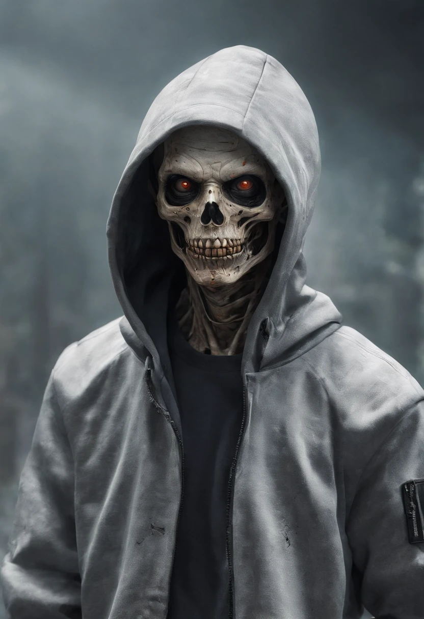 Create an ultra-wide photo of a decrepit zombie wearing an Adidas coat and hoodie, against an abstract background. The overall style of the image should be minimalist with an Artgem touch. The zombie should be rendered in a decrepit, cadaverous style, with a focus on creating a sense of horror and decay. The Adidas jacket and hood should be rendered in high detail, with a focus on capturing the texture and style of the clothing. The background of the image should have an abstract design, with a focus on creating a sense of depth and contrast with the foreground. The image should be rendered in wide format, with a focus on creating a sense of scale and drama in the scene.