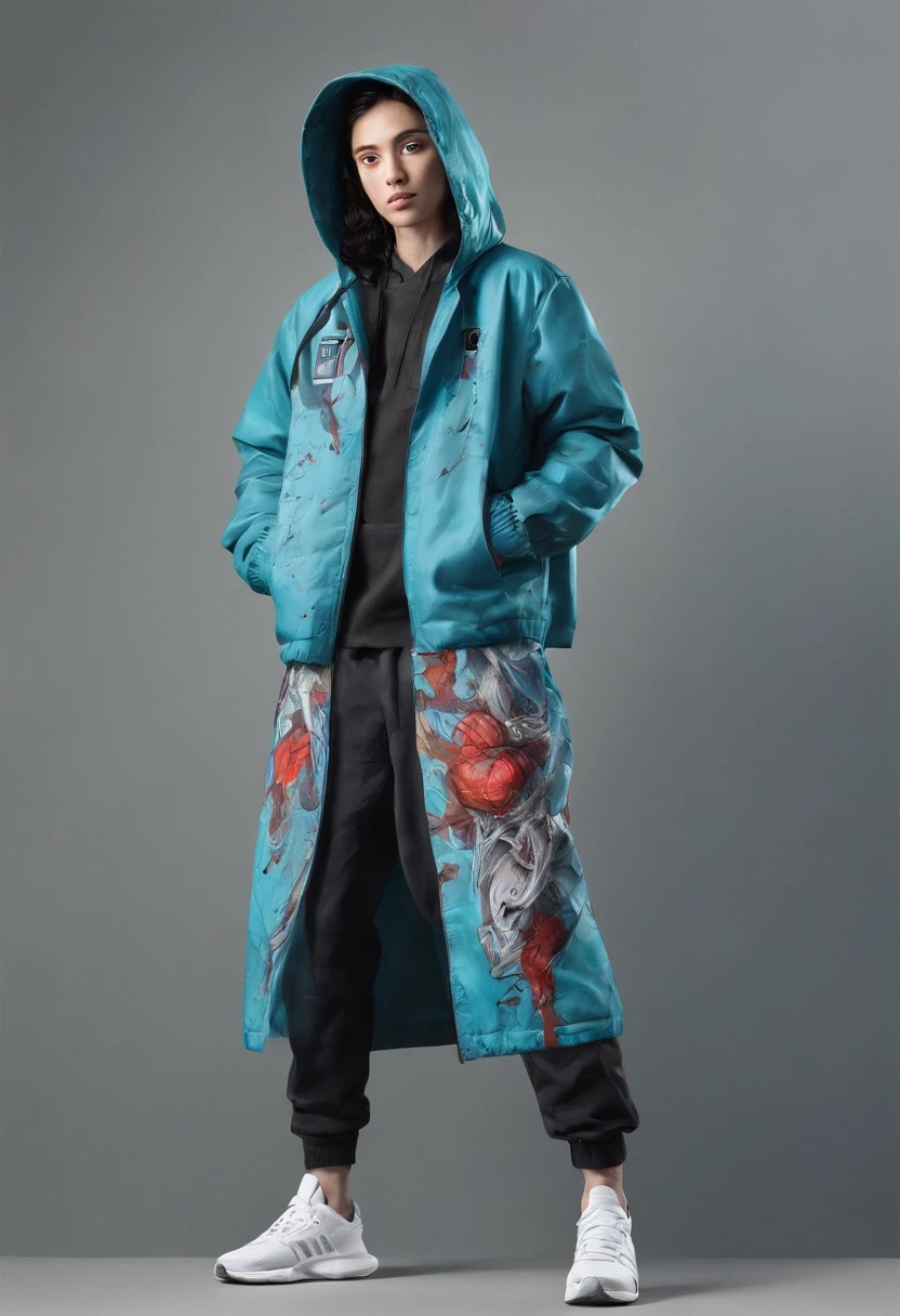 Create an ultra-wide photo of a decrepit zombie wearing an Adidas coat and hoodie, against an abstract background. The overall style of the image should be minimalist with an Artgem touch. The zombie should be rendered in a decrepit, cadaverous style, with a focus on creating a sense of horror and decay. The Adidas jacket and hood should be rendered in high detail, with a focus on capturing the texture and style of the clothing. The background of the image should have an abstract design, with a focus on creating a sense of depth and contrast with the foreground. The image should be rendered in wide format, with a focus on creating a sense of scale and drama in the scene.