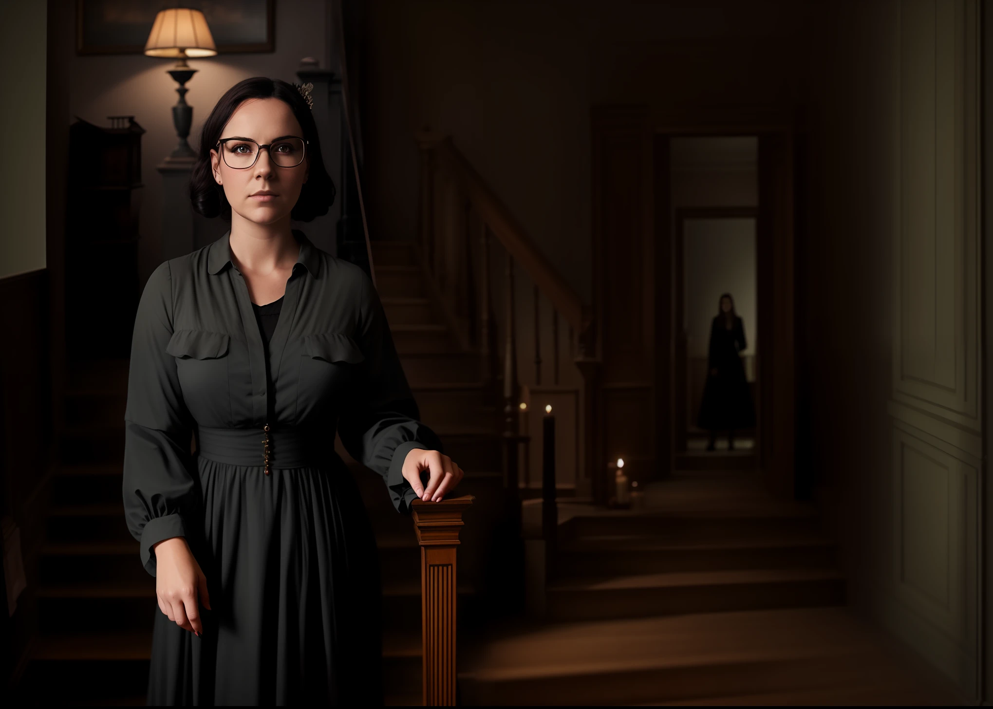 woman in a haunted mansion, hill house, corridor and stairs behind her, victorian, gothic, darkness all around, candles, depth