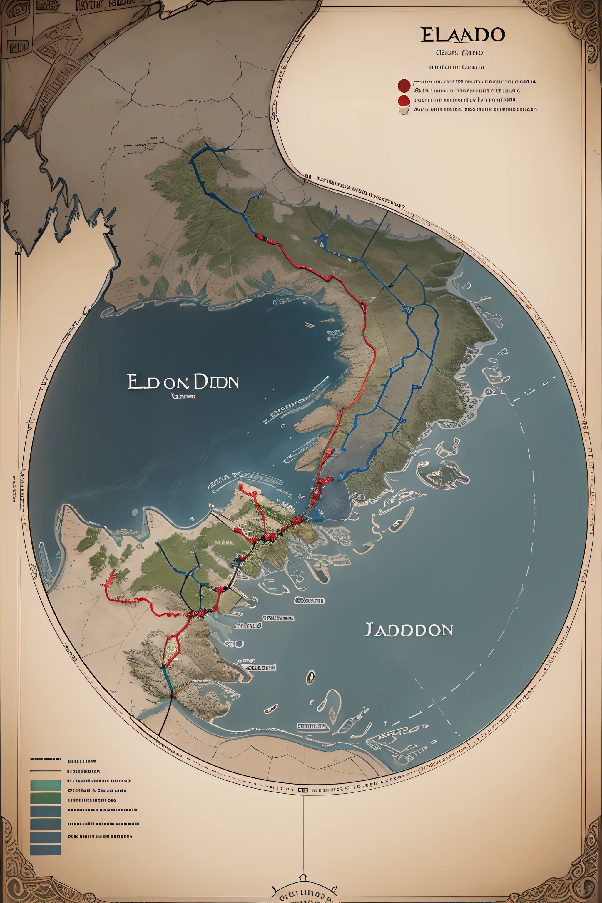 Reino de Eldor: Map in Times of Tension

At the heart of the fictional world of Eldor, A majestic and ancient kingdom is on the verge of disintegration. Eldor is heavily influenced by J's works.R.R. Tolkien, and his story echoes the tumultuous days of Númenor. Este mapa, Created by advanced artificial intelligence, offers a detailed look at the lands of Eldor at a critical moment in its history.

Map Description:

Territory

The map shows the vast territorial limits of Eldor, stretching from the west coast to the majestic mountains of the east.
The borders are marked with distinct lines and clearly show the tensions that divide the kingdom.
Topography

Eldor is a land of geographical contrasts. The west is dominated by extensive plains and lush forests, while the east is characterized by rugged peaks and deep valleys.
O Monte Valandor, A dormant volcano, It dominates the eastern horizon and is an important reference point.
Cities and Settlements

The cities and towns of Eldor are represented by distinct symbols. As cidades costeiras, como Arandor e Falastir, are centers of commerce and culture.
A capital real, Andúril, is located near the shores of Star Lake, a notable feature of the map.
Political Divisions

The kingdom is divided into factions, representadas por cores diferentes no mapa. Os "Faithful" (Faithful) e os "Rebels" (Rebeldes) lutam pelo controle de Eldor.
The territory controlled by the Faithful is marked in blue, while Rebels areas are highlighted in red.
Contested areas are represented in grey, where battles and conflicts are most intense.
External Threats

On the northern border, Hordes of orcs and shadow creatures begin to gather, Threatening the stability of the kingdom.
The winding paths of enemy armies are shown in red dots, suggesting an imminent threat.
Conclusion:

This map of the Kingdom of Eldor reflects the tension and turmoil plaguing the earth inspired by the works