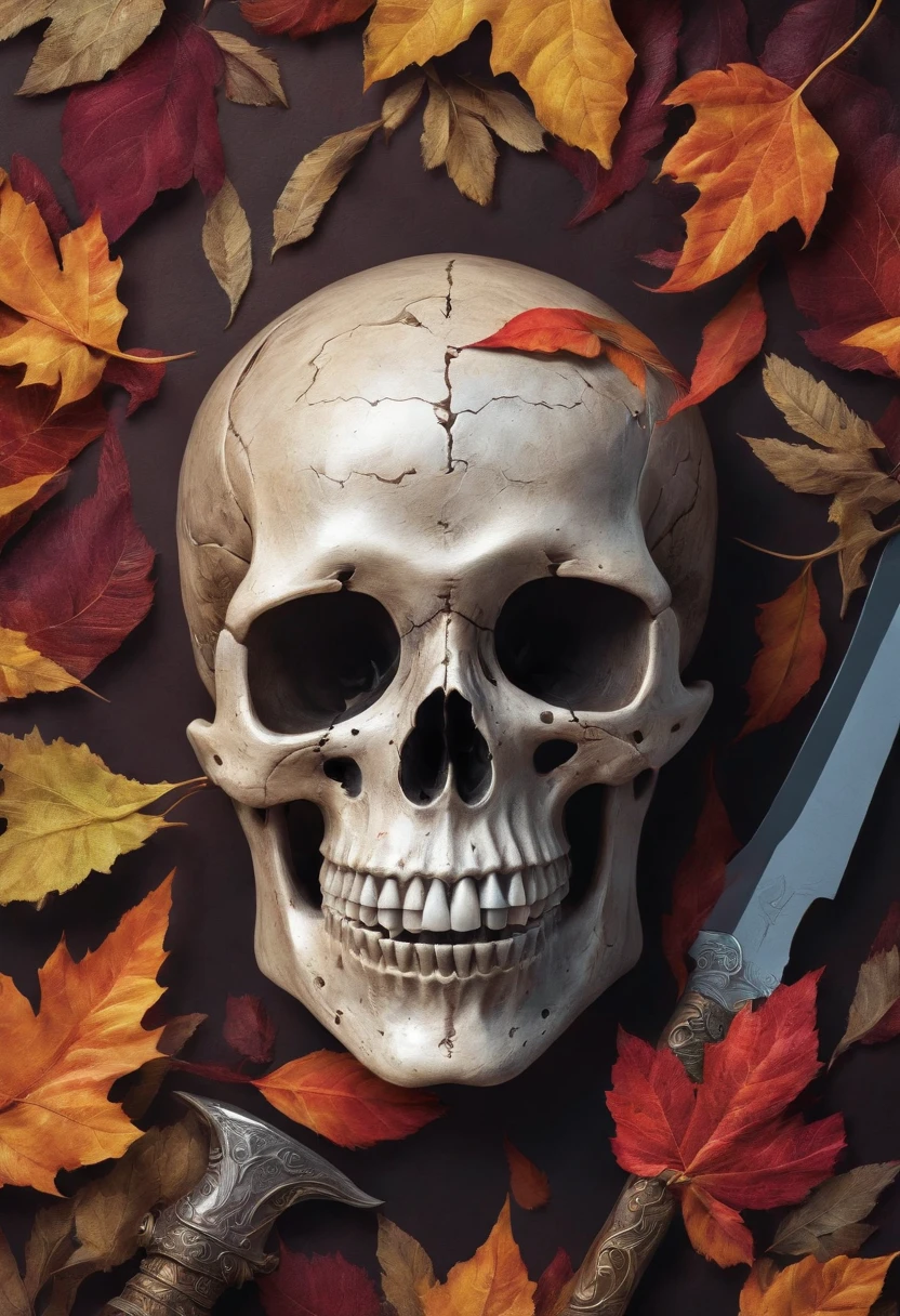 a close up of a skull with a dagger in its head,autumn leaves,impacting skull,broken teeth,fantasy skull,spooky full color detailed art,4k scary full color art,holy skull,psychedelic background conjuration,detailed digital art, blood, sacred skulls, psychedelic illustration, textured skull, skull face, death skull, scary color art, , psychedelic art style
