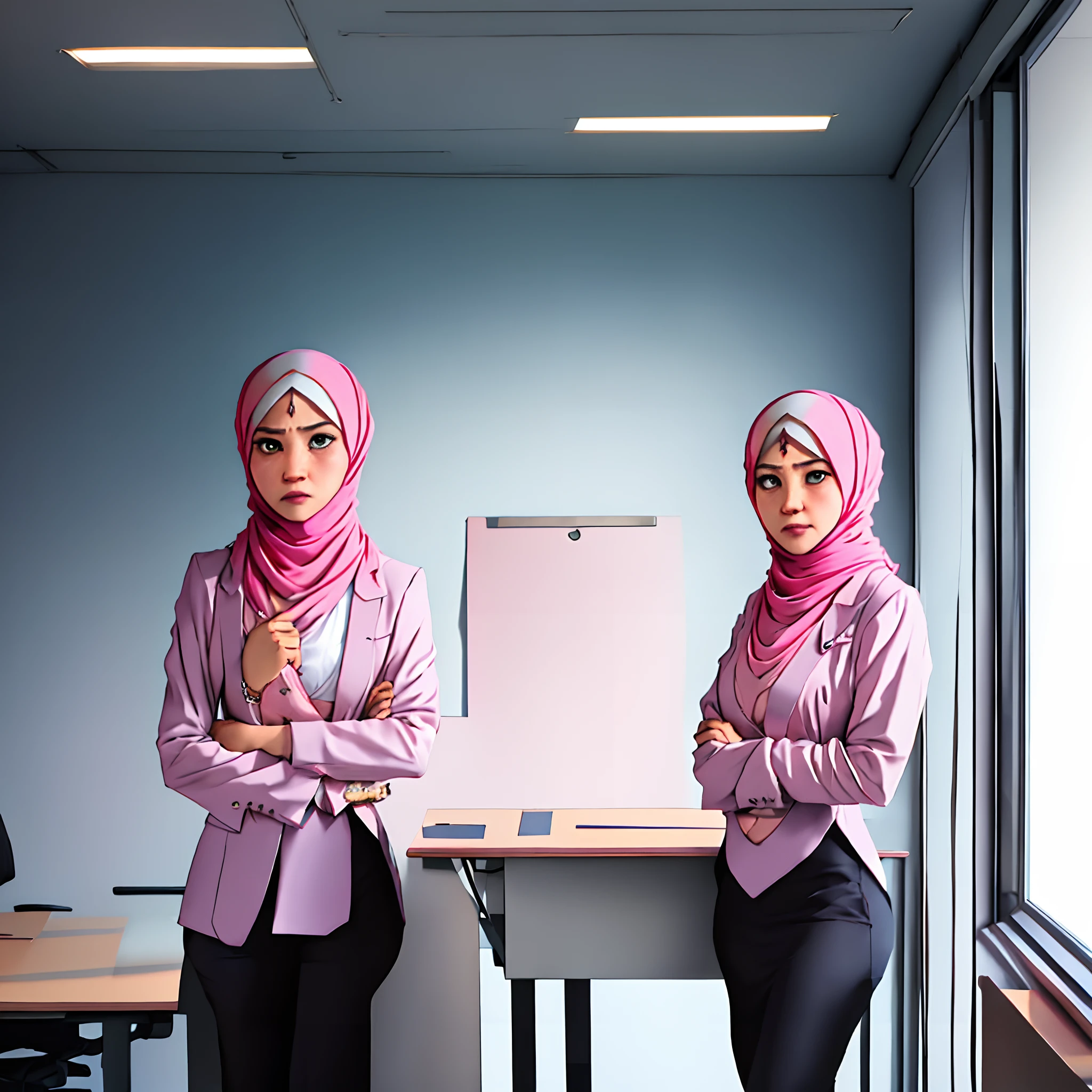 mira filzah standing angrily in meeting room angry, both hand on desk, angry pose, angry face, meeting room, morning, (mira filzah:1.3), wearing hijab, pastel color hijab, blue pastel office outfit, blue suits, medium tits, small breast, flat chest, wide waist, thick thighs, bright lighting, white lighting,