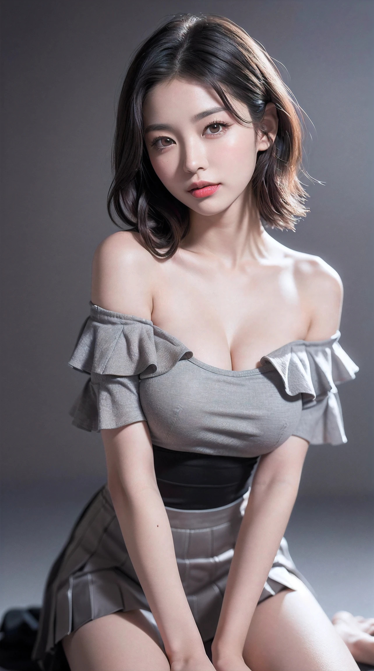 (((1girl:1.3, solo))), A extremely close up face image of extremely pretty and beautiful Japanese woman, (((Symmetry:1.5, centered image:1.5))), (1 with an emphasized enchanting cleavage: Composition of 1), (extremely close up face image:1.5), (sexy model), professional attire, (22 years old: 1.1), (from belowk:1.3, low angle), (sit astride:1.5, striding the viewer:1.5), ((girl on top:1.5)), ((hands between legs:1.3)), (attractive random posing:1.3), break, (shiny-black thin hair:1.2), (wavy messy hair:1.3), dark brown eyes, beautiful eyes, princess eyes, bangs, Hair between eyes, short hair:1.3, curby, abs, perfect abs, (gigantic-breasts:1.5, sagging breasts:1.5, disproportionate breasts:1.5), (thin waist: 1.15, abs:0.95), (detailed beautiful girl: 1.4), Parted lips, Red lips, full-make-up face, (shiny skin), ((Perfect Female Body)), (Upper Body Image:1.3), Perfect Anatomy, Perfect Proportions, (most beautiful Korean actress face:1.3, extremely cute and beautiful Japanese actress face:1.3, seductive light smile, happy, BREAK, (bare shoulder, Chest squeezed together, View viewer, (off-shoulder frill top:1.3), (loose-pleats-skirt:1.3), detailed clothes, BREAK, (simple dark-grey background:1.2), (dark background), (Studio soft lighting: 1.3), (fake lights: 1.3), (backlight: 1.3), BREAK, (Realistic, Photorealistic: 1.37), (Masterpiece, Best Quality: 1.2), (Ultra High Resolution: 1.2), (RAW Photo: 1.2), (Sharp Focus: 1.3), (Face Focus: 1.2), (Ultra Detailed CG Unified 8k Wallpaper: 1.2), (Beautiful Skin: 1.2), (pale Skin: 1.3), (Hyper Sharp Focus: 1.5), (Ultra Sharp Focus: 1.5), (Beautiful pretty face: 1.3), (super detailed background, detail background: 1.3), Ultra Realistic Photo, Hyper Sharp Image, Hyper Detail Image,