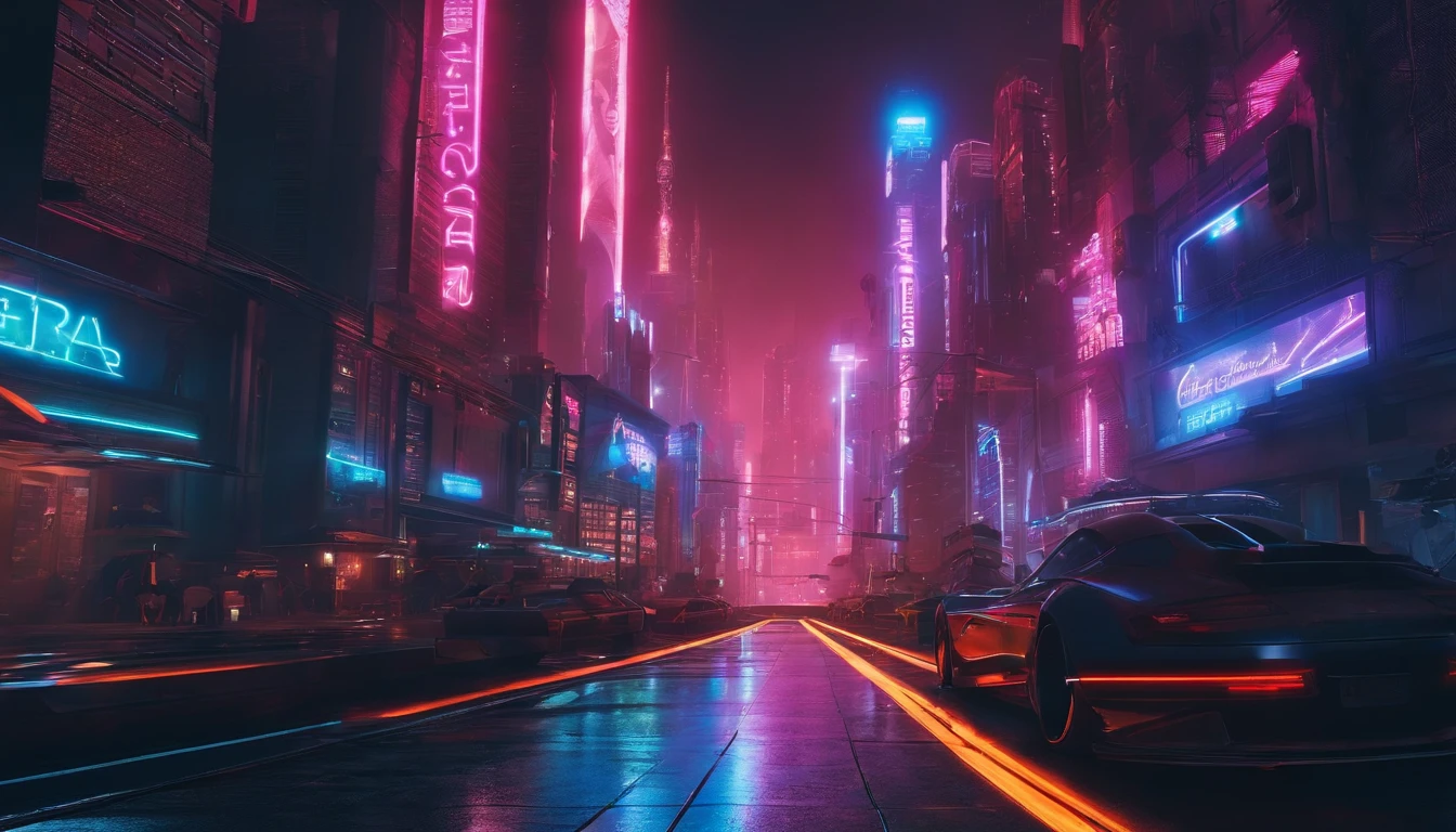 (obra prima) cidade no estilo cyberpunk, illuminated sky, neon light, imagem vista do zero, paisagem ampla, cidade futurista