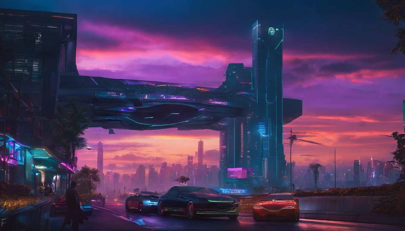 (obra prima) cidade no estilo cyberpunk, illuminated sky, neon light, imagem vista do zero, paisagem ampla, cidade futurista