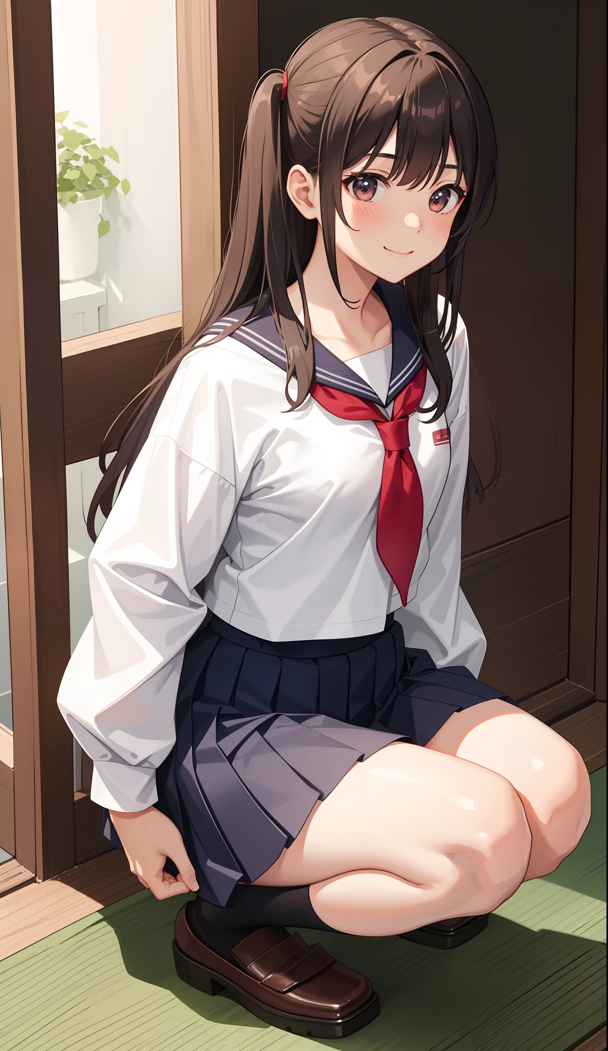 Very cute and beautiful girl,(very detailed beautiful face and eyes:1.2),Blush and shy smile,Black hair,Sailor School Uniform,(Navy blue pleated mini skirt),
(From below:1.2),(Squatting),White panties,Beautiful legs,(Cowboy Shot),
(Best Quality,masutepiece:1.2),Intricate details,hight resolution,1 girl,Solo,