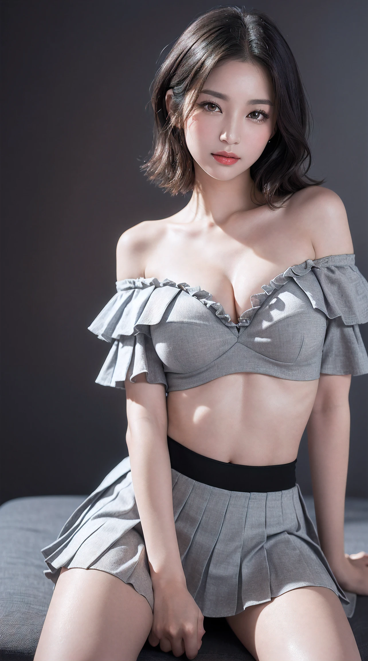 (((1girl:1.3, solo))), A extremely close up face image of extremely pretty and beautiful Japanese woman, (((Symmetry:1.5, centered image:1.5))), (1 with an emphasized enchanting cleavage: Composition of 1), (extremely close up face image:1.5), (sexy model), professional attire, (22 years old: 1.1), (from belowk:1.3, low angle), (sit astride:1.5, striding the viewer:1.5), ((girl on top:1.5)), ((hands between legs:1.3)), (attractive random posing:1.3), break, (shiny-black thin hair:1.2), (wavy messy hair:1.3), dark brown eyes, beautiful eyes, princess eyes, bangs, Hair between eyes, short hair:1.3, curby, abs, perfect abs, (gigantic-breasts:1.5, sagging breasts:1.5, disproportionate breasts:1.5), (thin waist: 1.15, abs:0.95), (detailed beautiful girl: 1.4), Parted lips, Red lips, full-make-up face, (shiny skin), ((Perfect Female Body)), (Upper Body Image:1.3), Perfect Anatomy, Perfect Proportions, (most beautiful Korean actress face:1.3, extremely cute and beautiful Japanese actress face:1.3, seductive light smile, happy, BREAK, (bare shoulder, Chest squeezed together, View viewer, (off-shoulder frill top:1.3), (loose-pleats-skirt:1.3), detailed clothes, BREAK, (simple dark-grey background:1.2), (dark background), (Studio soft lighting: 1.3), (fake lights: 1.3), (backlight: 1.3), BREAK, (Realistic, Photorealistic: 1.37), (Masterpiece, Best Quality: 1.2), (Ultra High Resolution: 1.2), (RAW Photo: 1.2), (Sharp Focus: 1.3), (Face Focus: 1.2), (Ultra Detailed CG Unified 8k Wallpaper: 1.2), (Beautiful Skin: 1.2), (pale Skin: 1.3), (Hyper Sharp Focus: 1.5), (Ultra Sharp Focus: 1.5), (Beautiful pretty face: 1.3), (super detailed background, detail background: 1.3), Ultra Realistic Photo, Hyper Sharp Image, Hyper Detail Image,