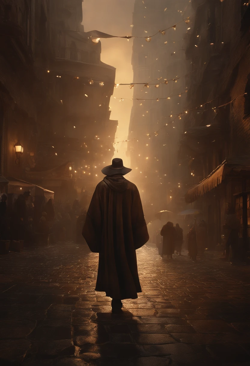 (Professional 3D Rendering:1.3) by (Realistic:1.3) World's Most Beautiful Artwork Photo of Standing body, full body and front view, Jesus from behind,back view, showing an old paper to the people around him, fantastic location, majestic cluttered environment)), action shot, very dark lighting, heavy shading, detailed, Detailed face, (vibrant, photorealistic, realistic, dramatic, Dark, sharp focus, 8k), (Old leather clothes damaged by weather:1.4), (((Use fur)))), (intricate:1.4 ), decayed, (high detailed:1.4), digital paint, octane rendering, Art Seasons, Concept-Art, smooth, sharp focus, illustration, germ of art, (Loish:0.23), Wlop Ilya Kuvshinov, and Greg Rutkowski and Alphonse Mucha Gracias, (Global Illumination, Studio Light, Volumetric Light), Heavy Rain, Floating Particles, Rascal, Fantasy, Eleven, Full Body, Esbian, ((Dark Old City Background:1.3)),CGSesociedade,Art Stations