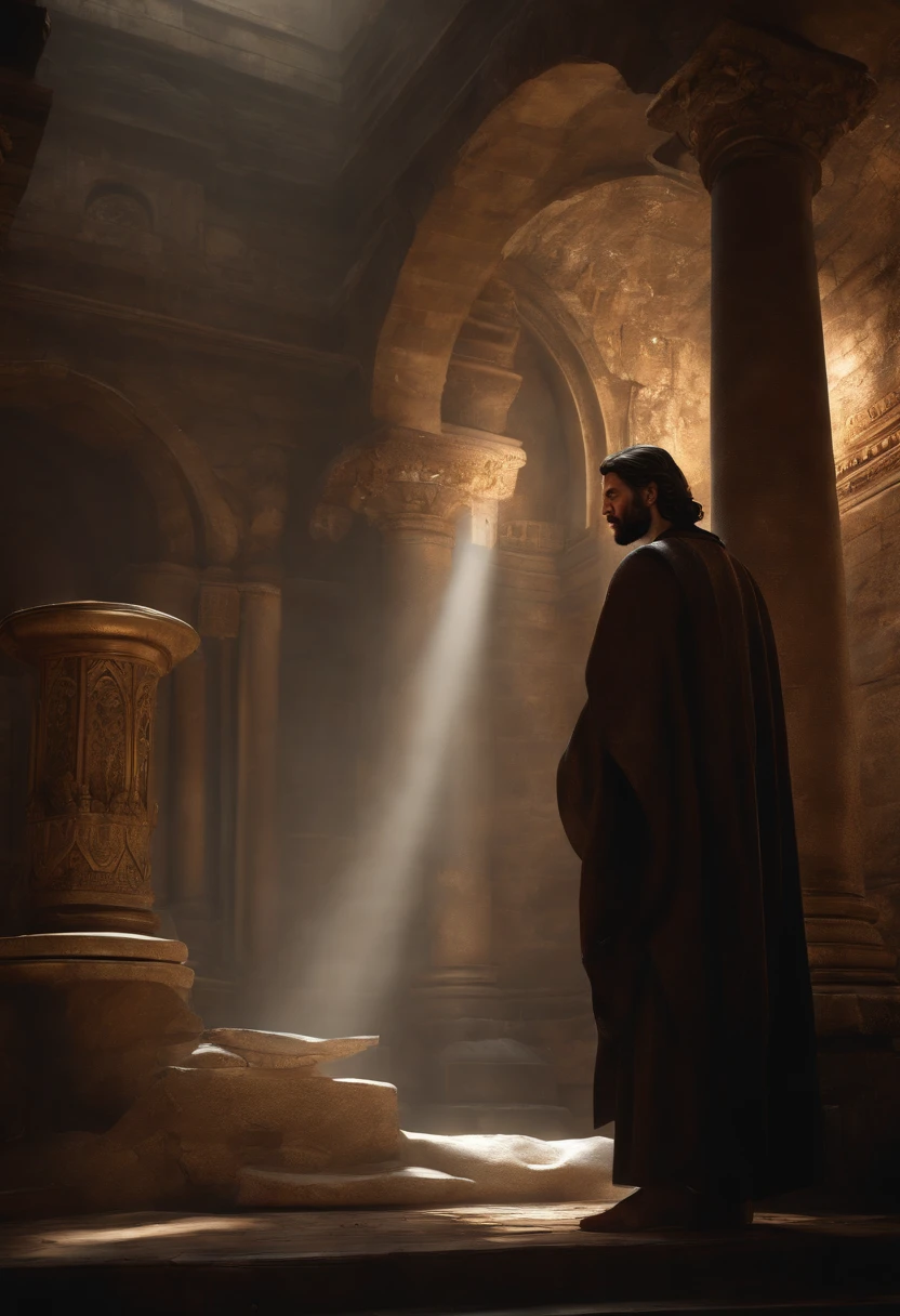 (Professional 3D Rendering:1.3) by (Realistic:1.3) World's Most Beautiful Artwork Photo of Standing body, full body and front view, Jesus from behind,back view, showing an old paper to the people around him, fantastic location, majestic cluttered environment)), action shot, very dark lighting, heavy shading, detailed, Detailed face, (vibrant, photorealistic, realistic, dramatic, Dark, sharp focus, 8k), (Old leather clothes damaged by weather:1.4), (((Use fur)))), (intricate:1.4 ), decayed, (high detailed:1.4), digital paint, octane rendering, Art Seasons, Concept-Art, smooth, sharp focus, illustration, germ of art, (Loish:0.23), Wlop Ilya Kuvshinov, and Greg Rutkowski and Alphonse Mucha Gracias, (Global Illumination, Studio Light, Volumetric Light), Heavy Rain, Floating Particles, Rascal, Fantasy, Eleven, Full Body, Esbian, ((Dark Old City Background:1.3)),CGSesociedade,Art Stations