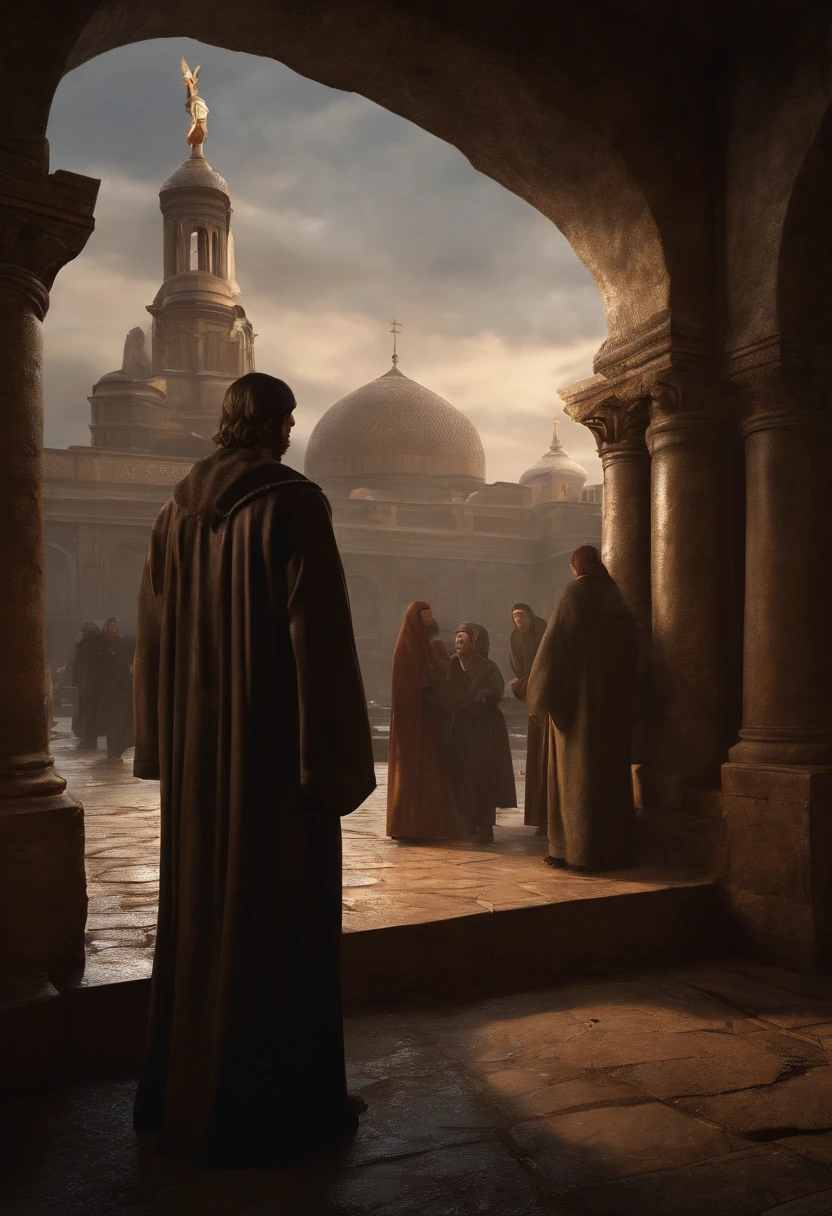 (Professional 3D Rendering:1.3) by (Realistic:1.3) World's Most Beautiful Artwork Photo of Standing body, full body and front view, Jesus from behind,back view, showing an old paper to the people around him, fantastic location, majestic cluttered environment)), action shot, very dark lighting, heavy shading, detailed, Detailed face, (vibrant, photorealistic, realistic, dramatic, Dark, sharp focus, 8k), (Old leather clothes damaged by weather:1.4), (((Use fur)))), (intricate:1.4 ), decayed, (high detailed:1.4), digital paint, octane rendering, Art Seasons, Concept-Art, smooth, sharp focus, illustration, germ of art, (Loish:0.23), Wlop Ilya Kuvshinov, and Greg Rutkowski and Alphonse Mucha Gracias, (Global Illumination, Studio Light, Volumetric Light), Heavy Rain, Floating Particles, Rascal, Fantasy, Eleven, Full Body, Esbian, ((Dark Old City Background:1.3)),CGSesociedade,Art Stations