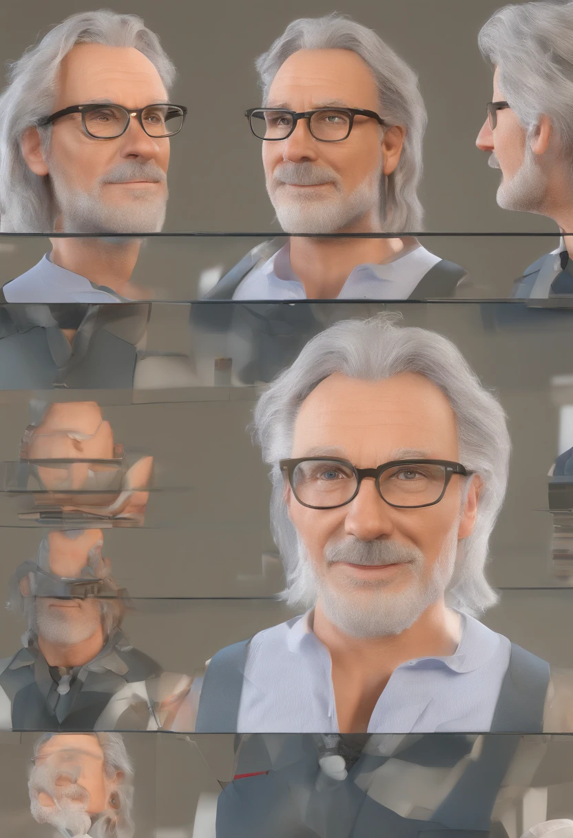 man with long hair, his hair is white, his hair is disheveled and a bit messy, this man wears glasses with a round frame, he appears to be 55 years old, he has fair skin, blue eyes and an expression captivating. he is wearing a white shirt. his face resembles albert einstein's face, 4k.