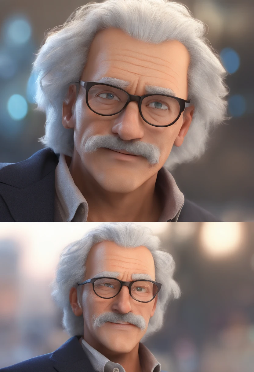 man with long hair, his hair is white, his hair is disheveled and a bit messy, this man wears glasses with a round frame, he appears to be 55 years old, he has fair skin, blue eyes and an expression captivating. he is wearing a white shirt. his face resembles albert einstein's face, 4k.