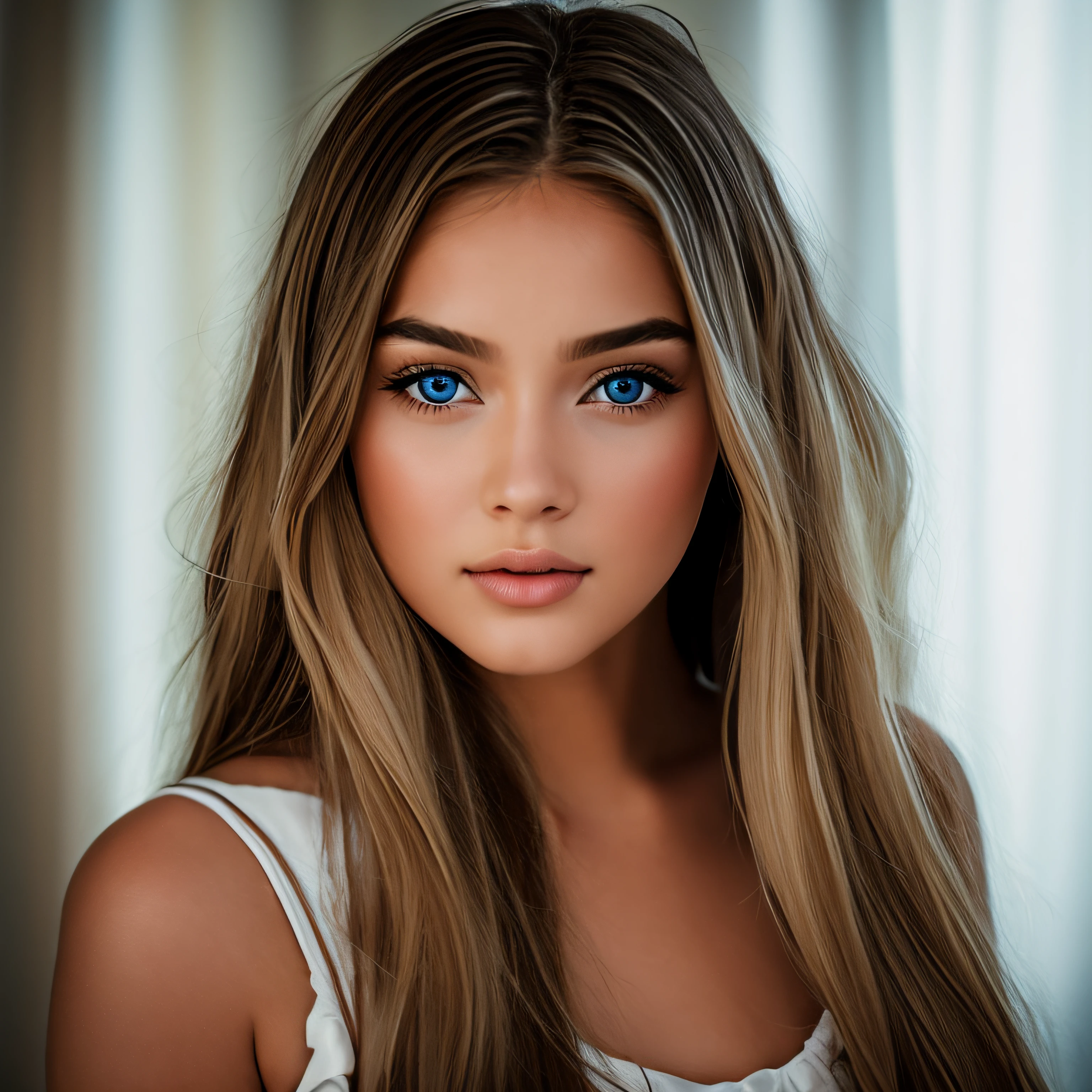 A woman with long hair and blue eyes posing for a picture - SeaArt AI