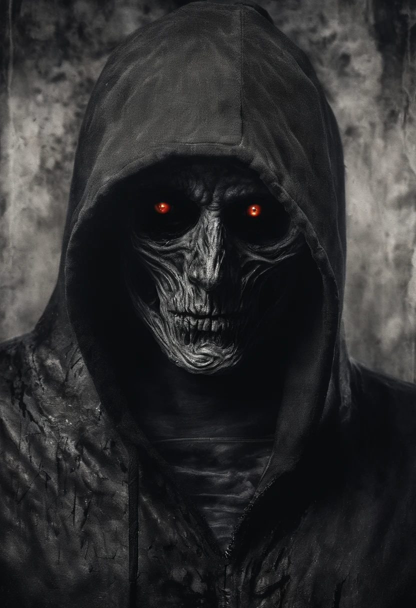 Create an ultra-wide photo of a decrepit zombie wearing an Adidas coat and hoodie, against an abstract background. The overall style of the image should be minimalist with an Artgem touch. The zombie should be rendered in a decrepit, cadaverous style, with a focus on creating a sense of horror and decay. The Adidas jacket and hood should be rendered in high detail, with a focus on capturing the texture and style of the clothing. The background of the image should have an abstract design, with a focus on creating a sense of depth and contrast with the foreground. The image should be rendered in wide format, with a focus on creating a sense of scale and drama in the scene.