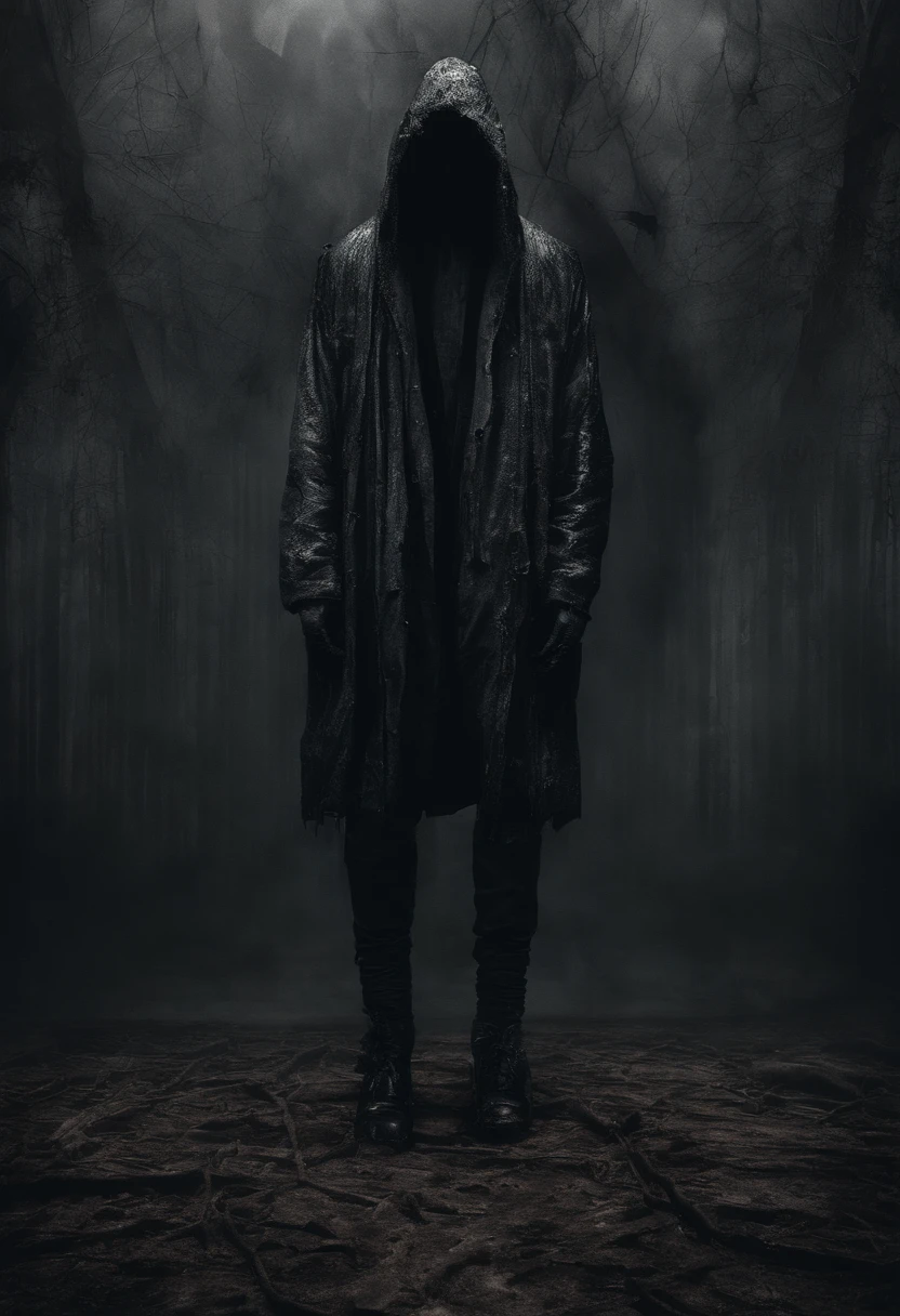 Create an ultra-wide photo of a decrepit zombie wearing an Adidas coat and hoodie, against an abstract background. The overall style of the image should be minimalist with an Artgem touch. The zombie should be rendered in a decrepit, cadaverous style, with a focus on creating a sense of horror and decay. The Adidas jacket and hood should be rendered in high detail, with a focus on capturing the texture and style of the clothing. The background of the image should have an abstract design, with a focus on creating a sense of depth and contrast with the foreground. The image should be rendered in wide format, with a focus on creating a sense of scale and drama in the scene.