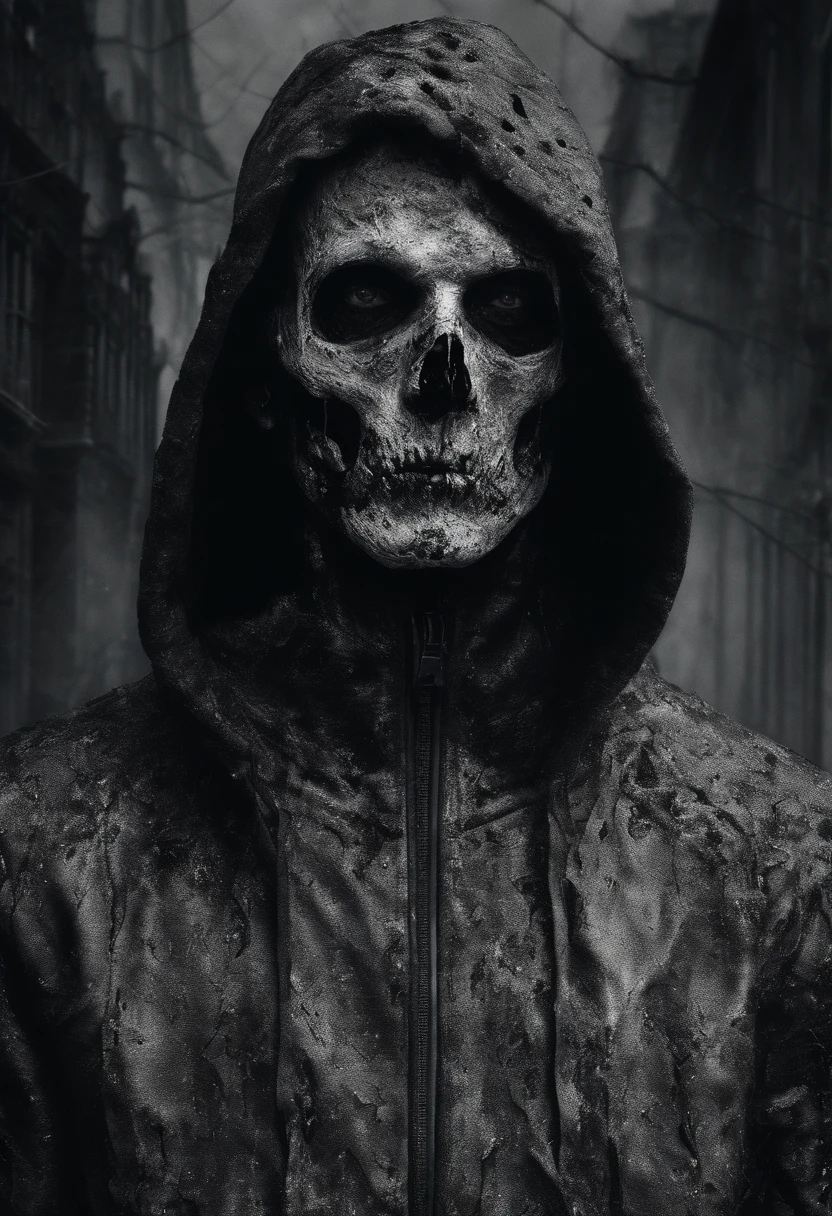 Create an ultra-wide photo of a decrepit zombie wearing an Adidas coat and hoodie, against an abstract background. The overall style of the image should be minimalist with an Artgem touch. The zombie should be rendered in a decrepit, cadaverous style, with a focus on creating a sense of horror and decay. The Adidas jacket and hood should be rendered in high detail, with a focus on capturing the texture and style of the clothing. The background of the image should have an abstract design, with a focus on creating a sense of depth and contrast with the foreground. The image should be rendered in wide format, with a focus on creating a sense of scale and drama in the scene.
