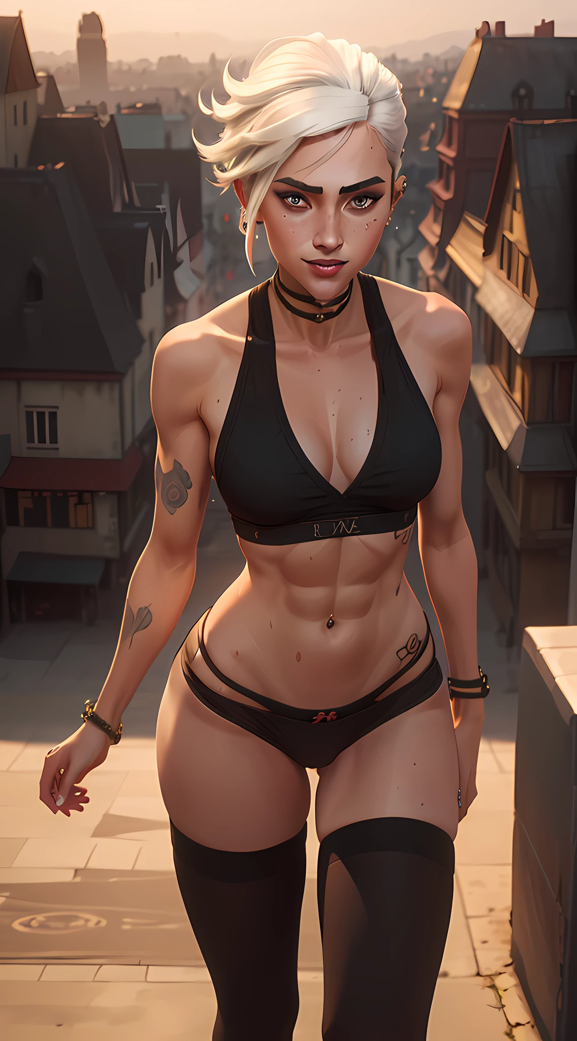 (butt), (sexy girl), masterpiece:1.5, best quality, full body, 1girl, bangs, blush, breasts, collarbones, ear piercings, eyebrows visible through hair, (gradient white hair), jewelry, looking at the viewer, piercings, (half-naked), (red underwear), short string tank top, (panties), bright eyes, ring, (solo), illustration, fashionable, woman, posing, detailed background, sexy expression, attention-grabbing scene, focus, dynamic pose, thick thighs, abs, sweaty abs, sexy thighs, thin waist, sexy grin, sexy glare, cinematic lighting, city scape, city background, outside, outdoors, rooftop:1.5, backshots:1.7, back camera,