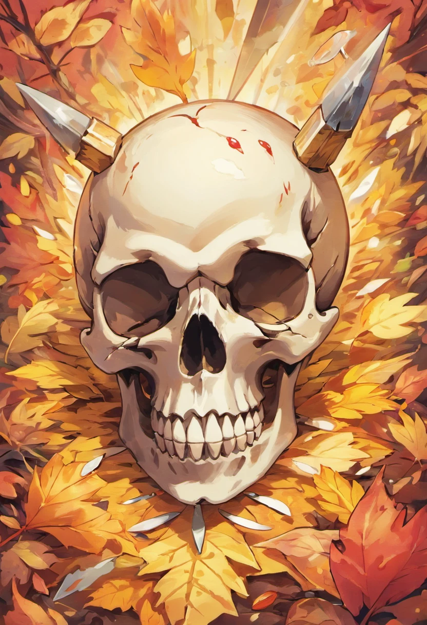 a close up of a skull with a dagger in its head,autumn leaves,impacting skull,broken teeth,fantasy skull,spooky full color detailed art,4k scary full color art,holy skull,psychedelic background conjuration,detailed digital art, blood, sacred skulls, psychedelic illustration, textured skull, skull face, death skull, scary color art, , psychedelic art style