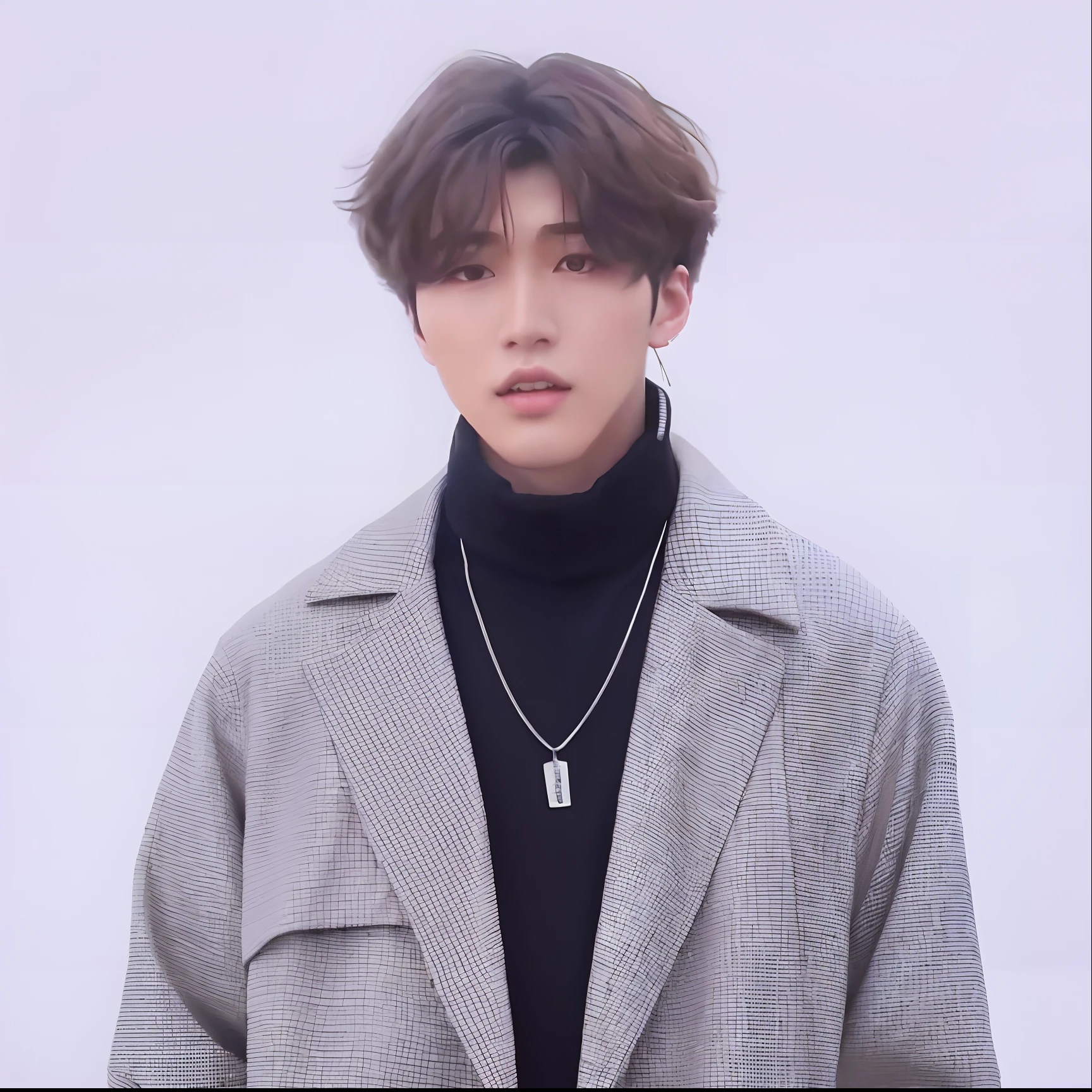 high high quality，A man wearing a necklace and coat stands in front of a white background, Cai Xukun, yanjun cheng, wearing a turtleneck and jacket, he is wearing a brown sweater, he has short curly brown hair, inspired by jeonseok lee, he has an elongated head shape, xqc, with same hairstyle, Solid Backgroud