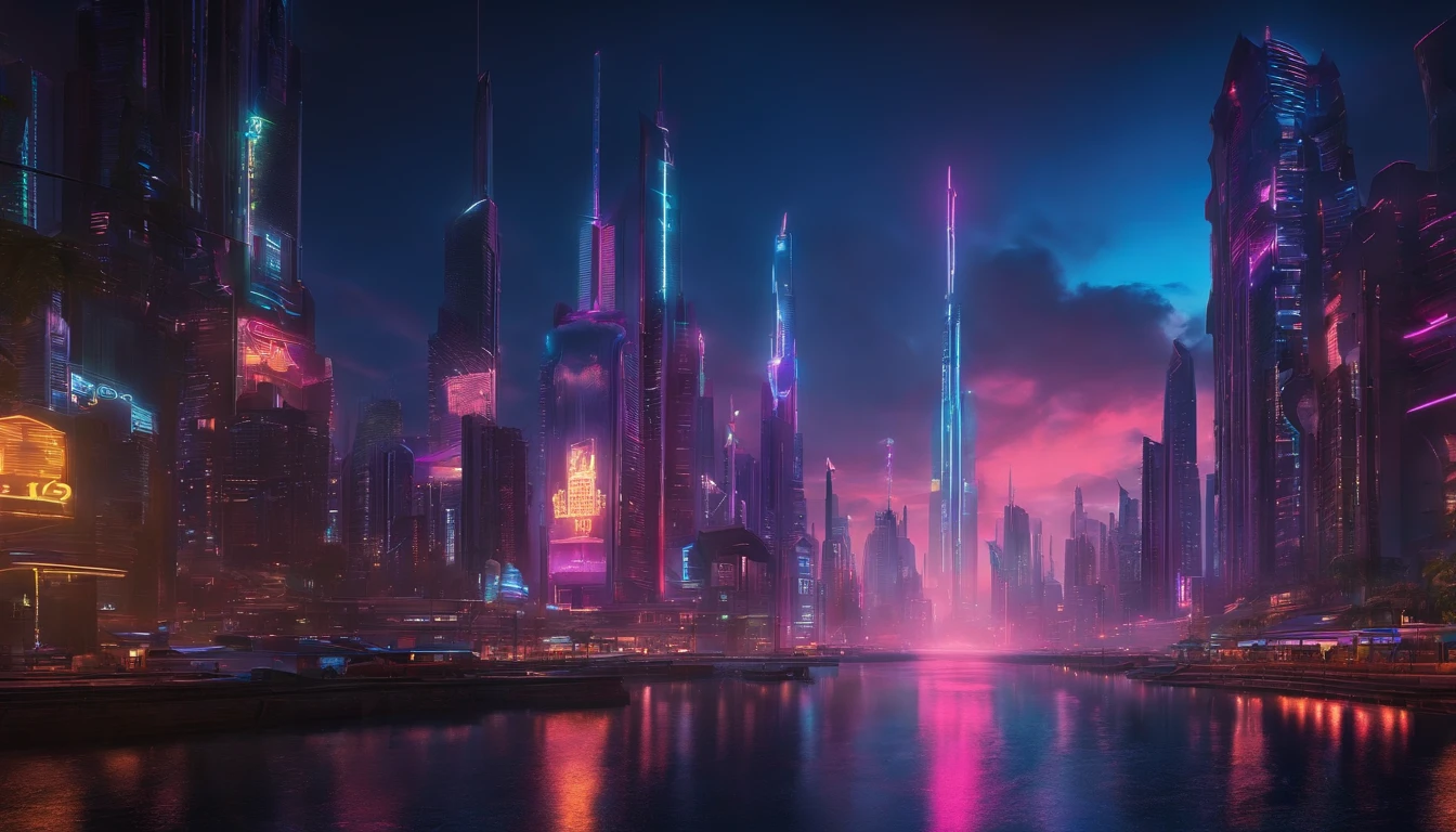 (obra prima) cidade no estilo cyberpunk, illuminated sky, neon light, imagem vista do zero, paisagem ampla, cidade futurista