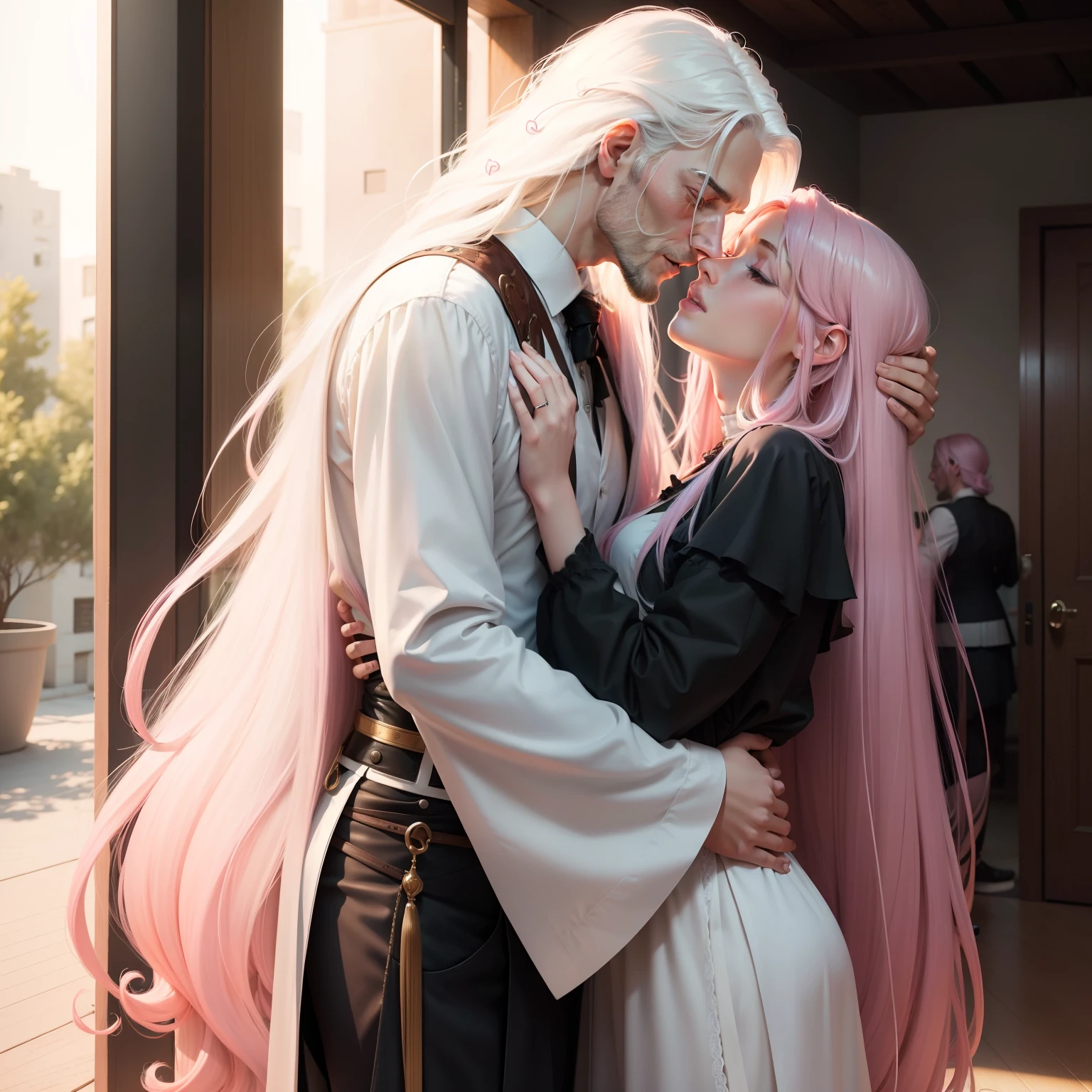A tall man with long white hair hugging and kissing a pink-haired woman