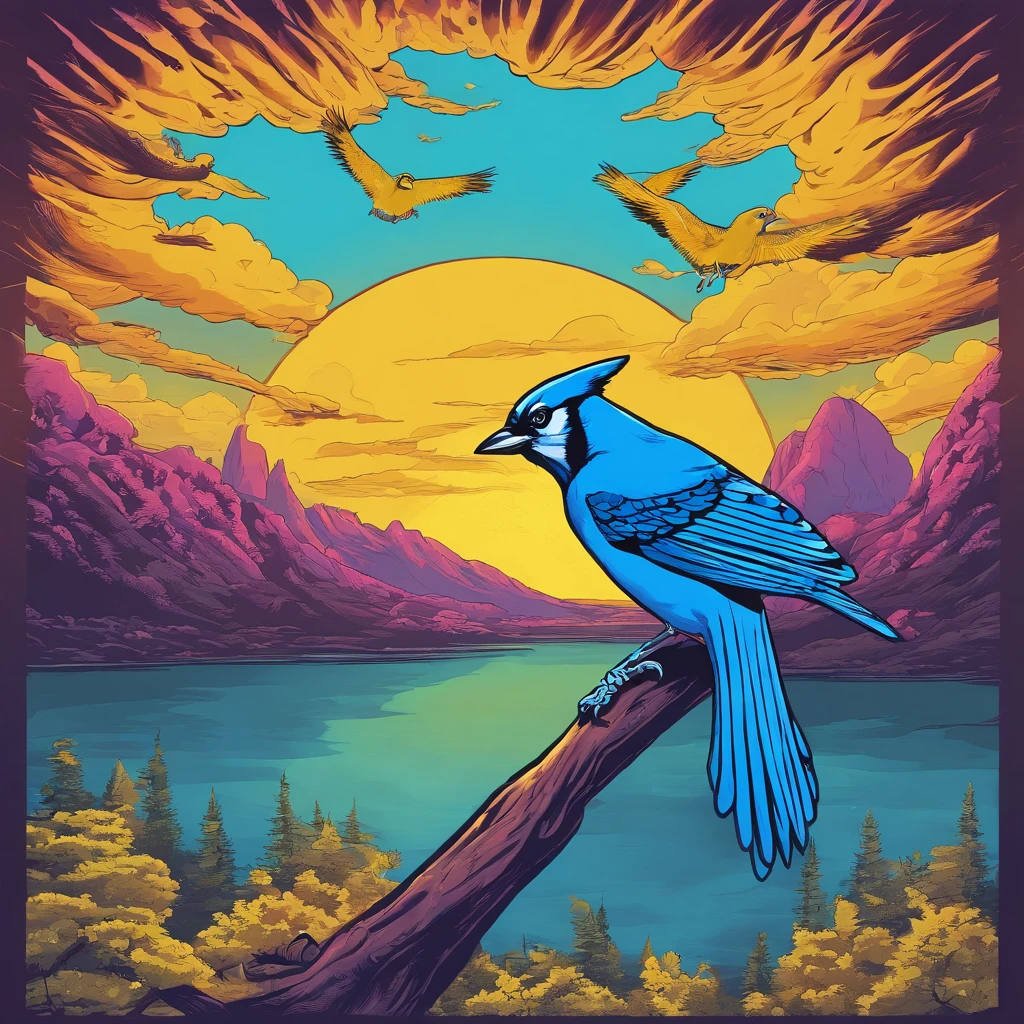 Boggart Blue Jay, glowing yellow eyes, and is ghostly floating through the night, Masterpiece, Best Quality