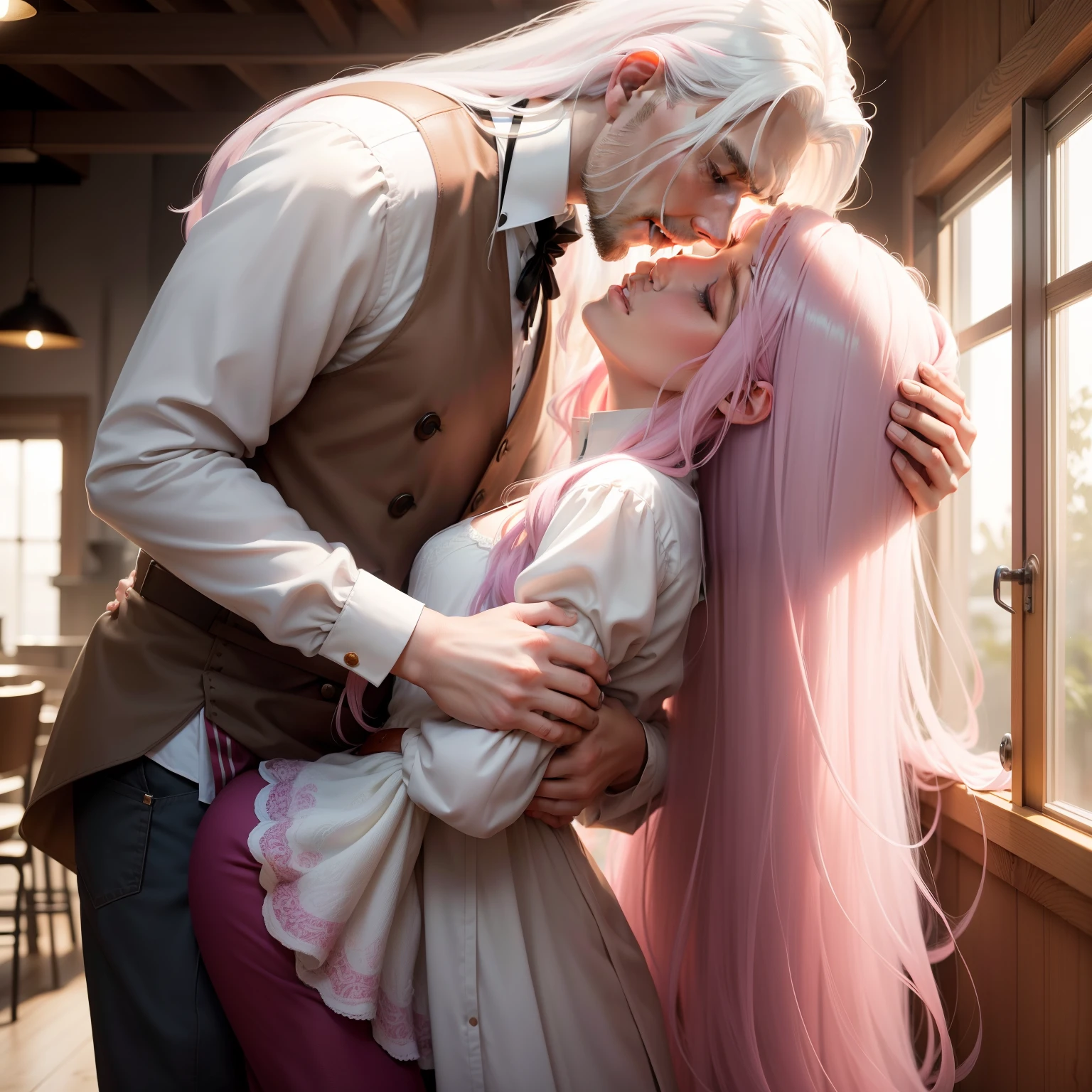 A tall man with long white hair hugging and kissing a pink-haired woman