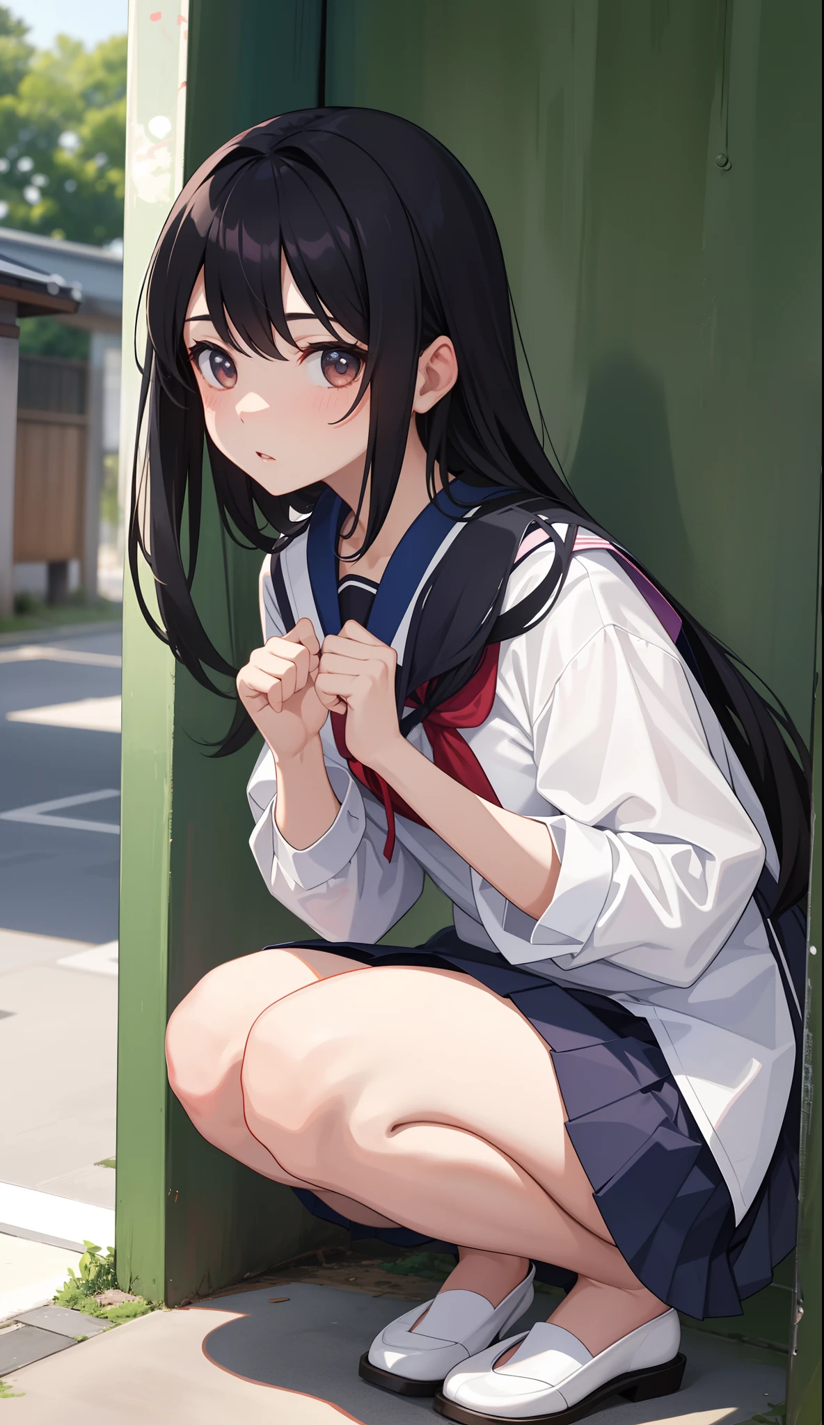 1girl in、AS-Adult、The shirt、skirt by the、(small tits)Chilarism、Japan High School Student Uniform、serafuku、summer clothing、(Sheer Bra)、Upper body portrait、Cute underwear、Squatting panchira、